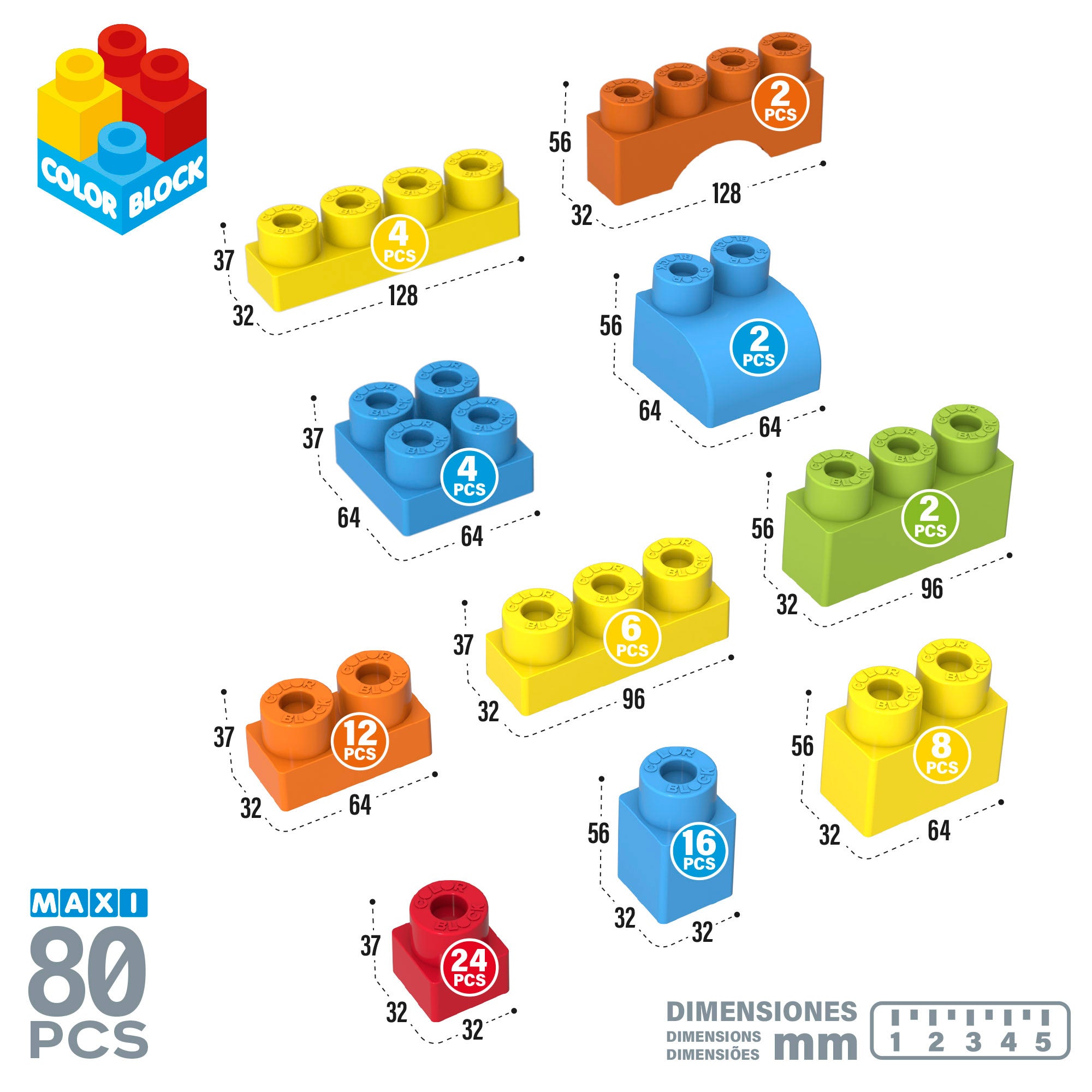 Caixa de blocos de construção Color Block Maxi com 80 peças