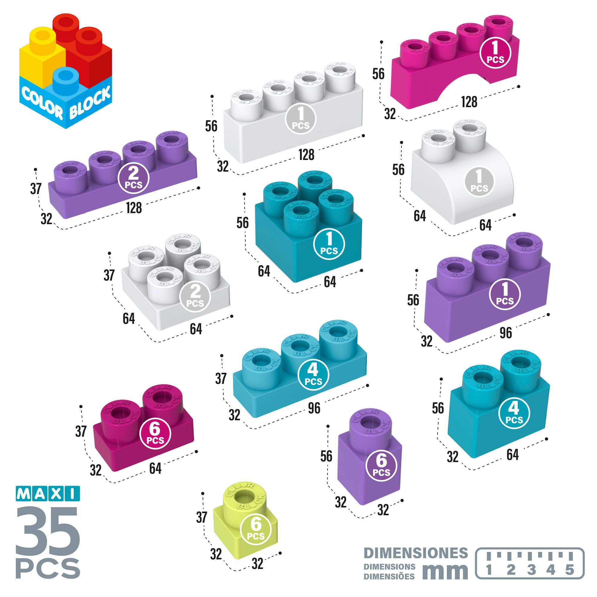 Embalagem de 35 blocos de construção Maxi em blocos coloridos