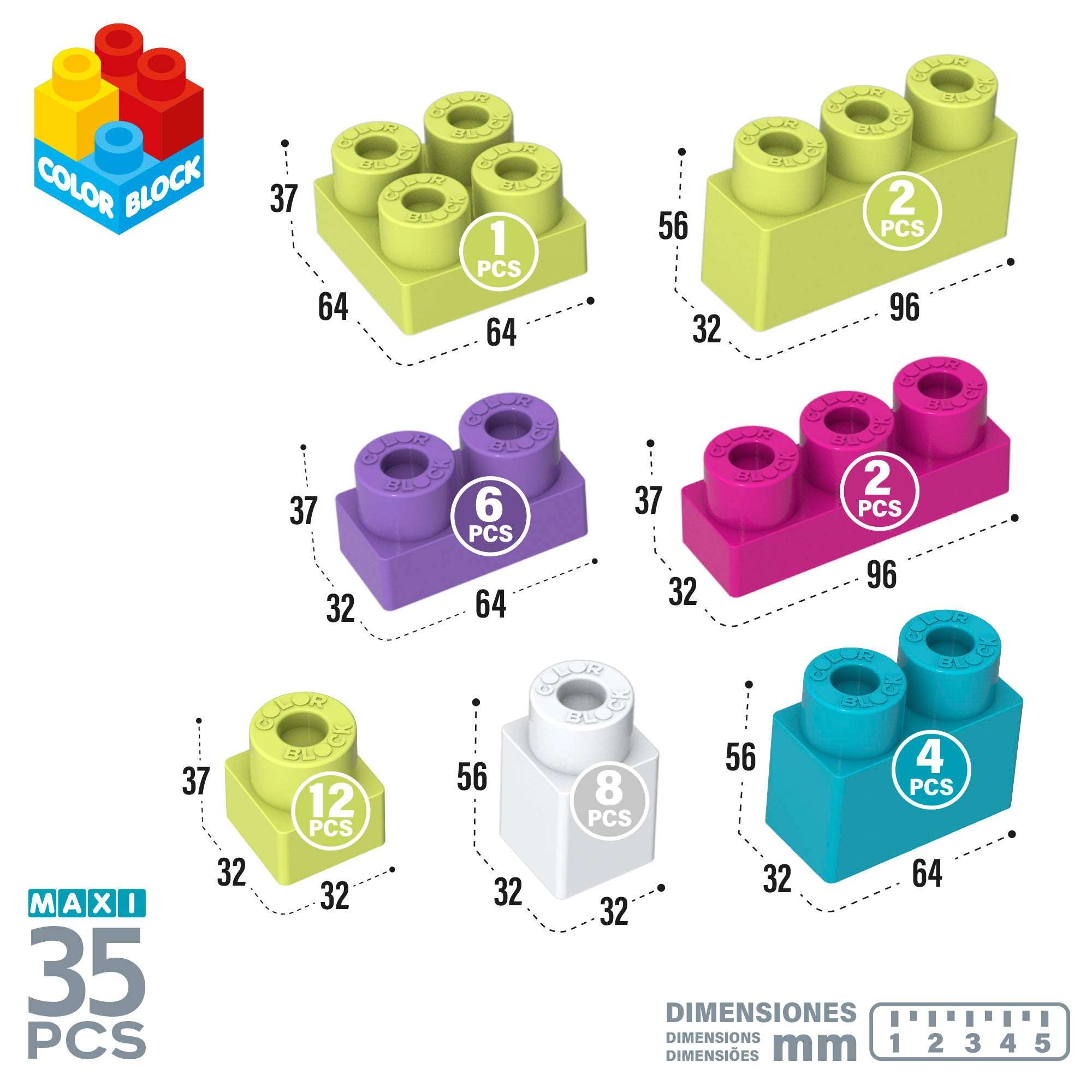 Cubo de blocos de construção Maxi de 35 peças em blocos coloridos