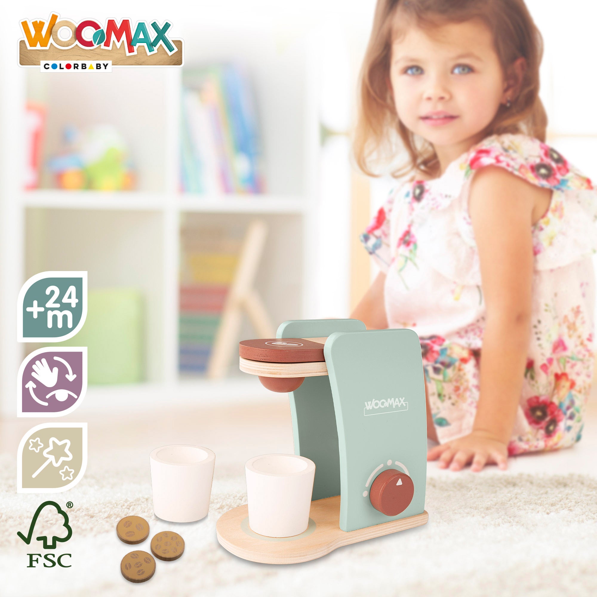 Cafeteira de brinquedo em madeira WOOMAX com acessórios