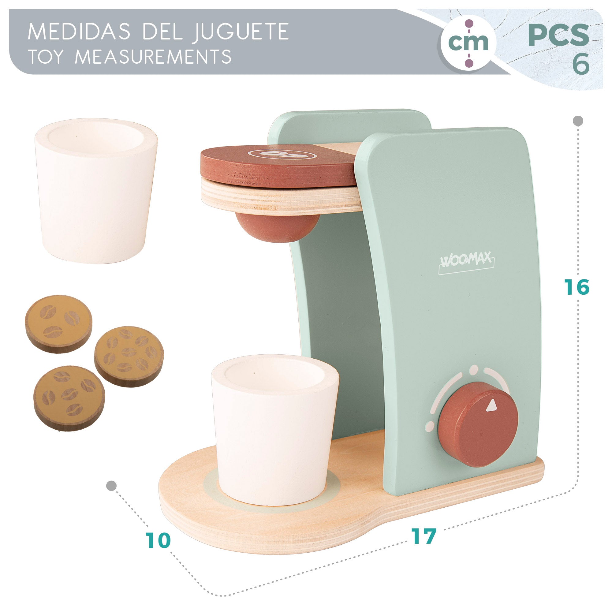 Cafeteira de brinquedo em madeira WOOMAX com acessórios