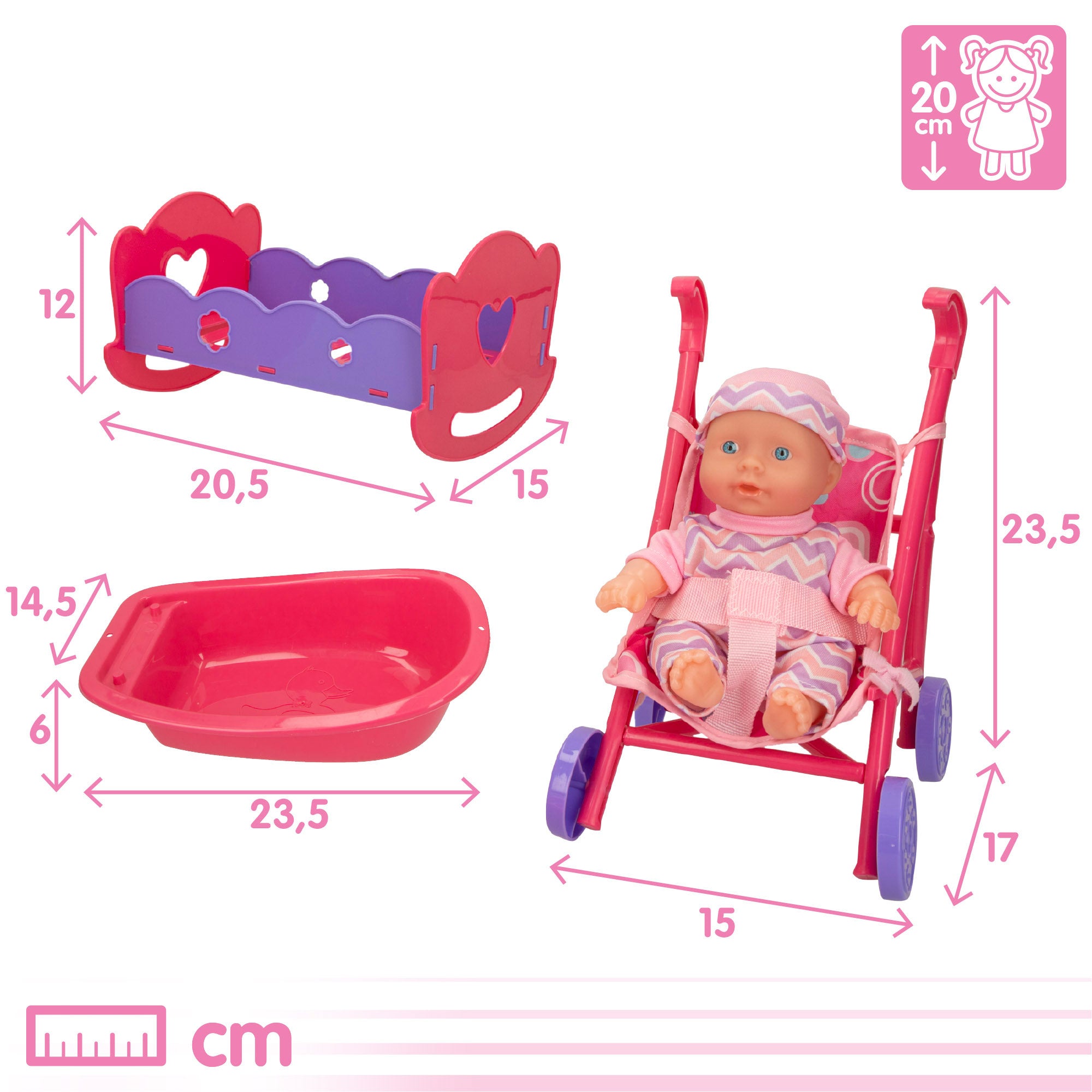 Set muñeca bebé de 20 cm con ropita y accesorios Colorbaby's