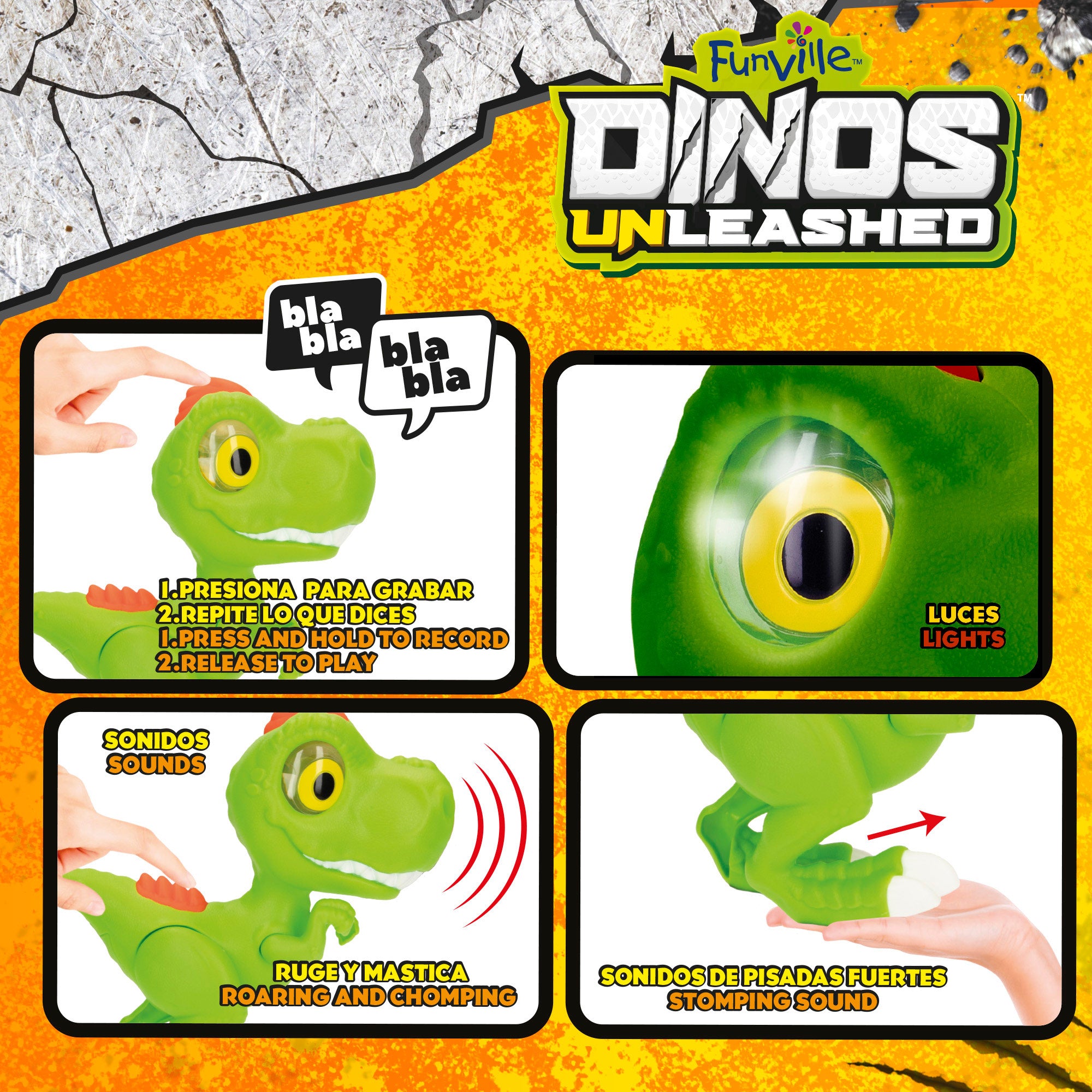 Dinosaurio juguete T-Rex con luz, sonido y grabación Dinos Unleashed
