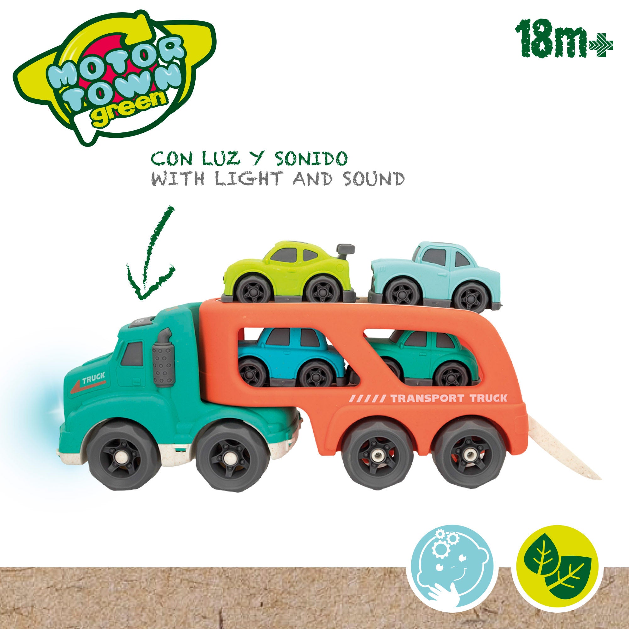 Motor Town Green Camión de juguete portacoches con luz y sonido