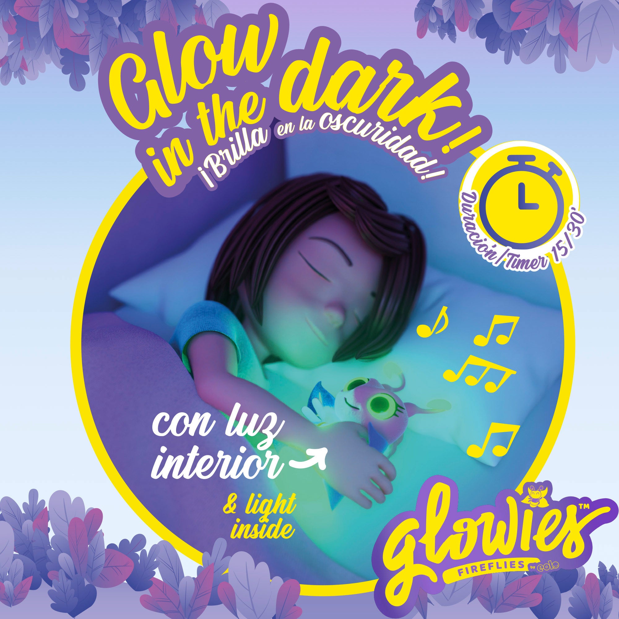 Glowies Peluche con luz y sonido para dormir color azul