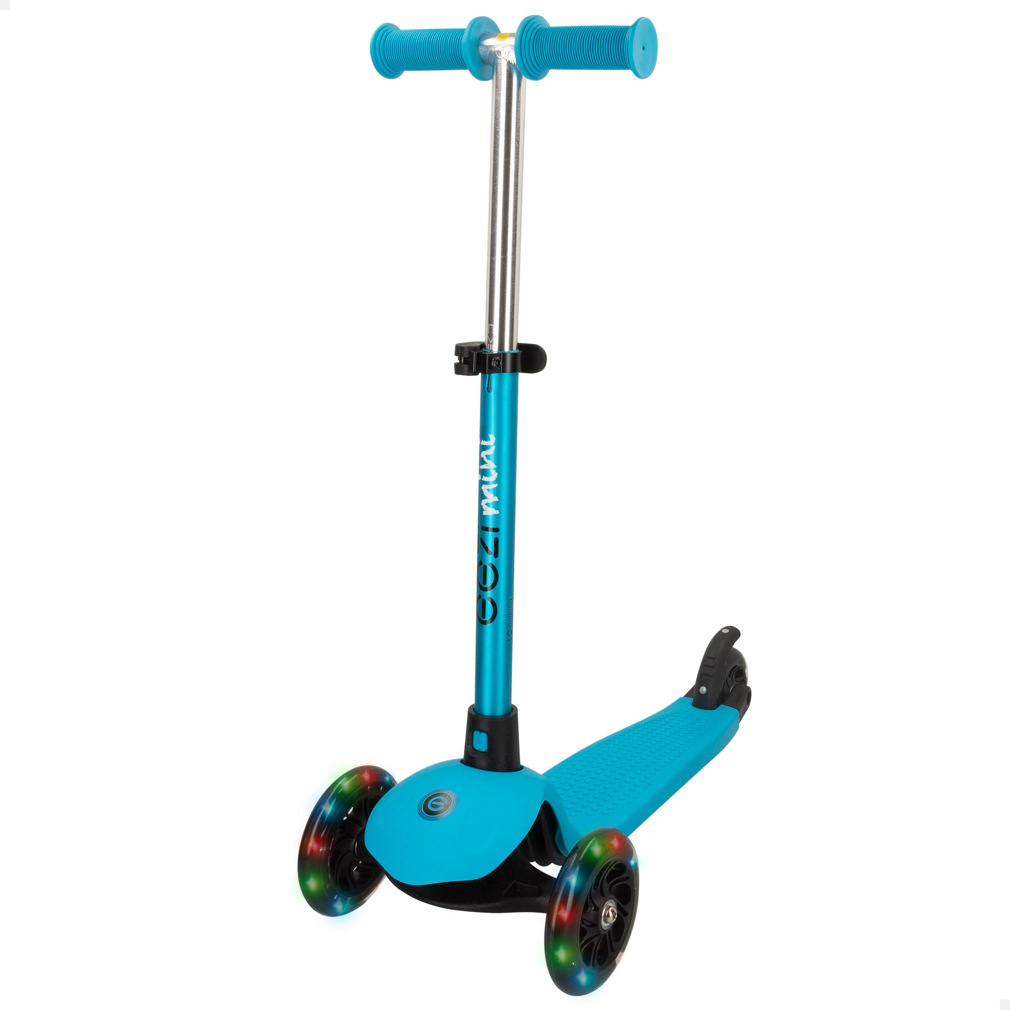 Trotinete EEZI azul de 3 rodas com luzes e guiador amovível.