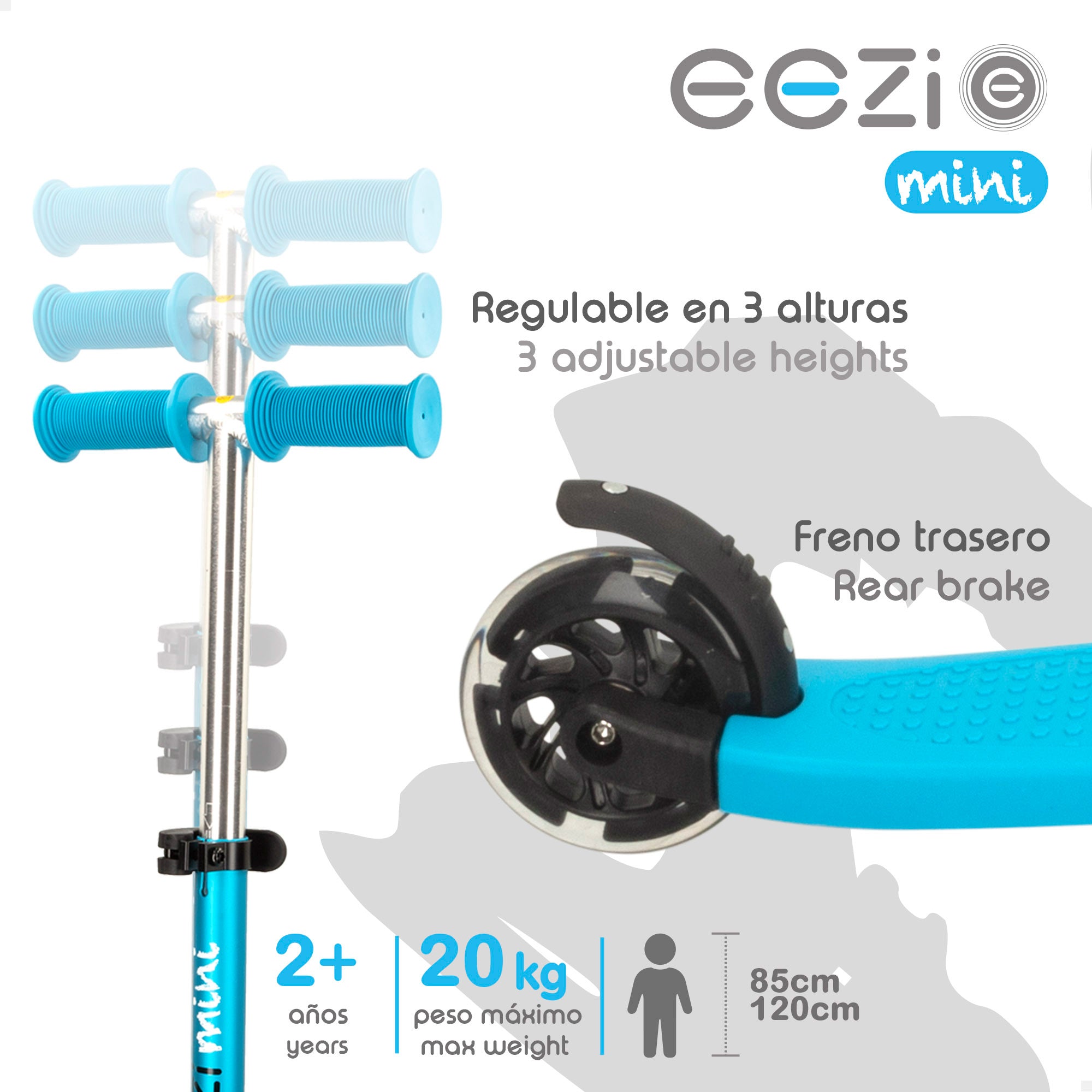 Trotinete EEZI azul de 3 rodas com luzes e guiador amovível.