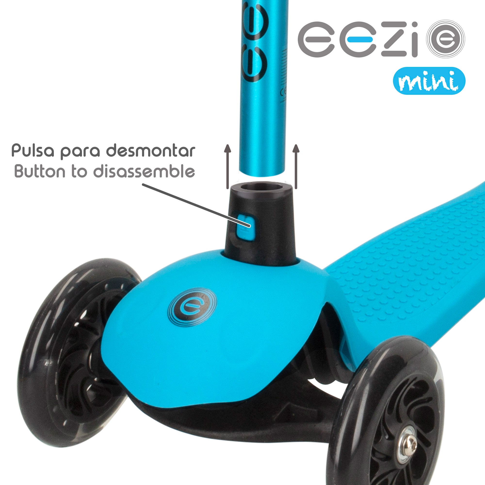Trotinete EEZI azul de 3 rodas com luzes e guiador amovível.