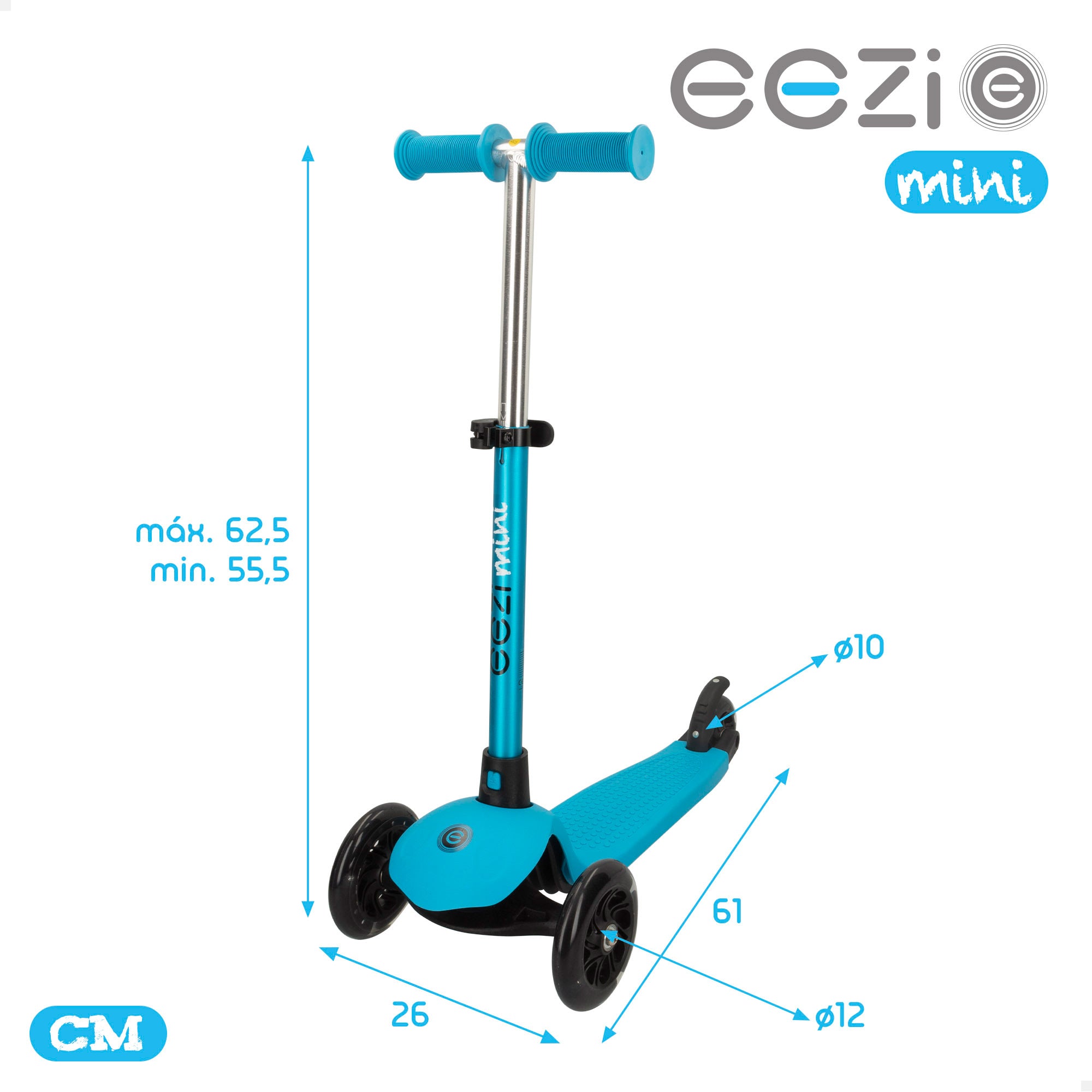 Trotinete EEZI azul de 3 rodas com luzes e guiador amovível.