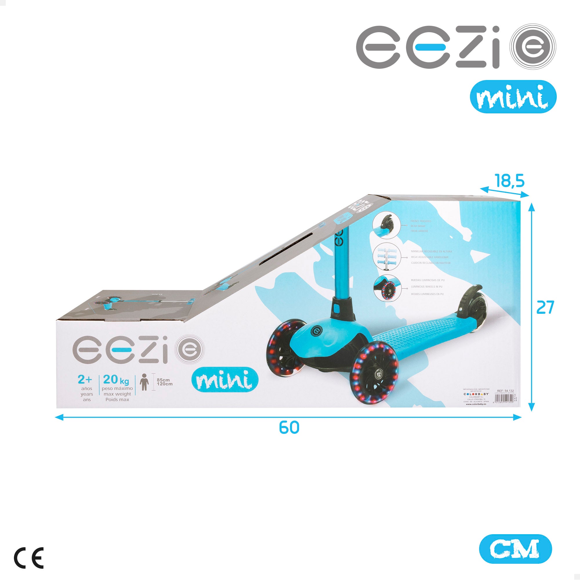 Trotinete EEZI azul de 3 rodas com luzes e guiador amovível.