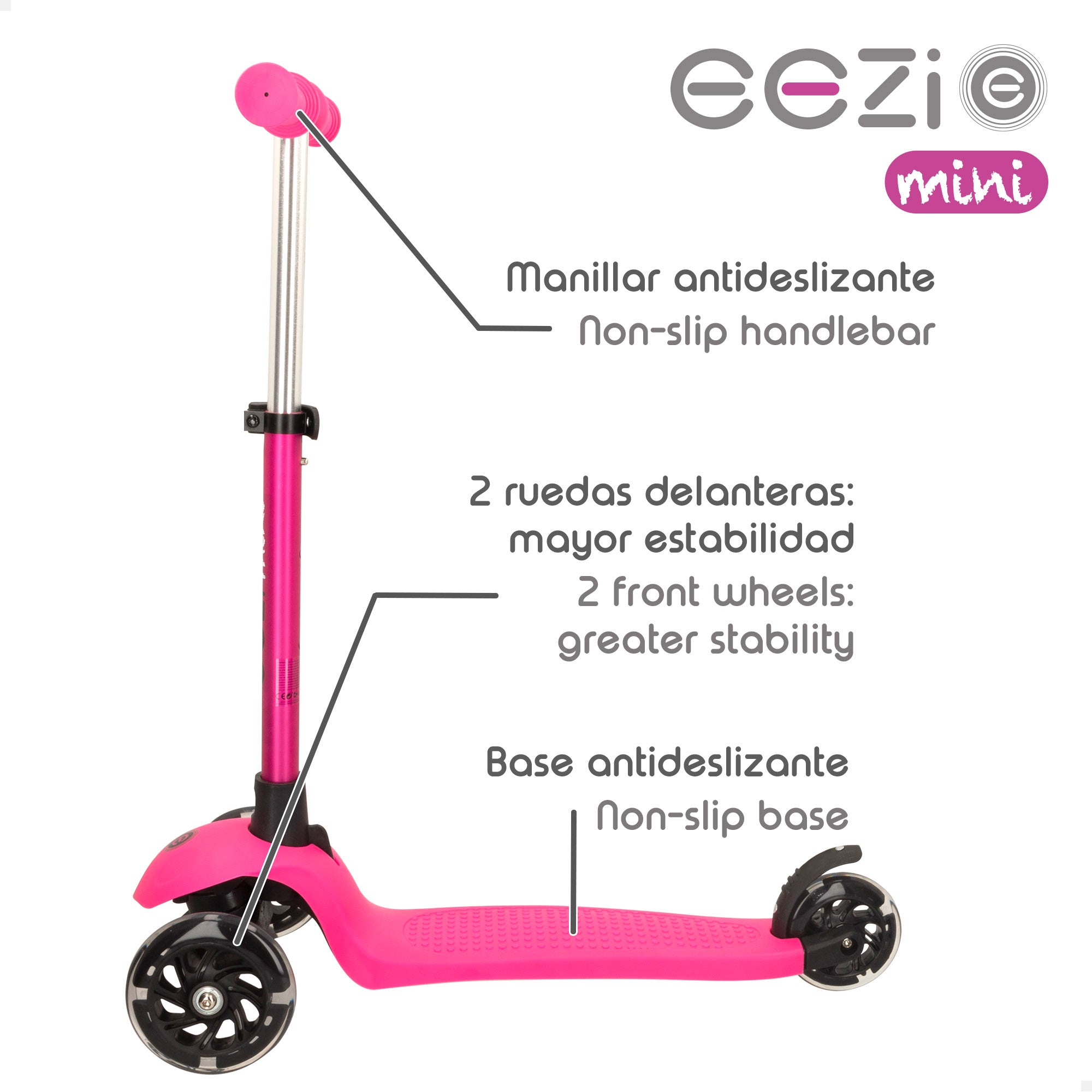 Patinete 3 ruedas fucsia con luces y manillar desmontable EEZI