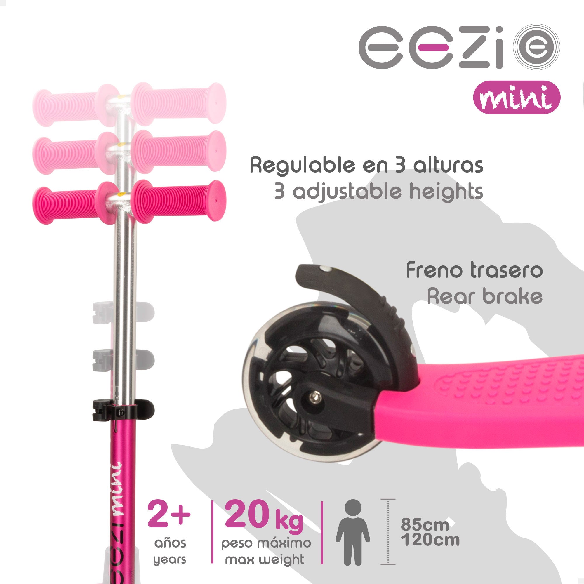 Patinete 3 ruedas fucsia con luces y manillar desmontable EEZI