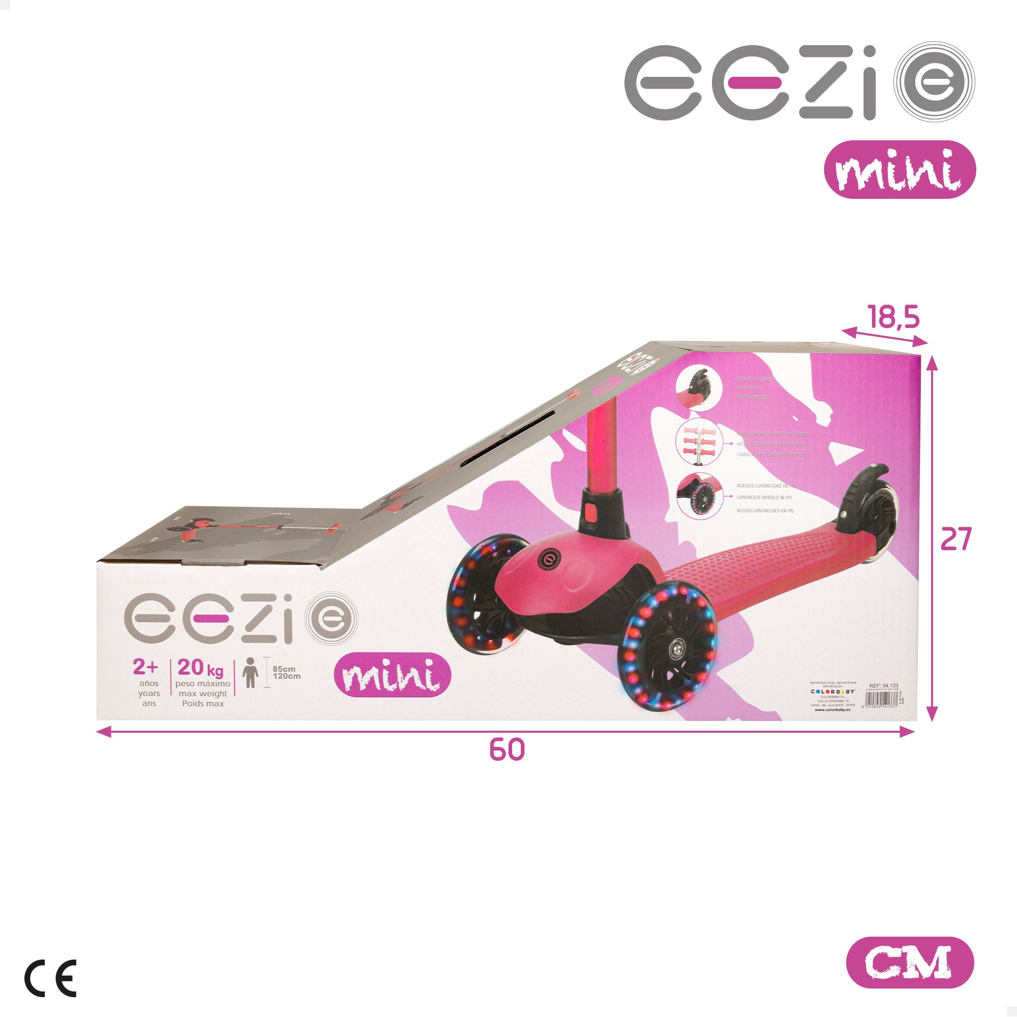 Patinete 3 ruedas fucsia con luces y manillar desmontable EEZI
