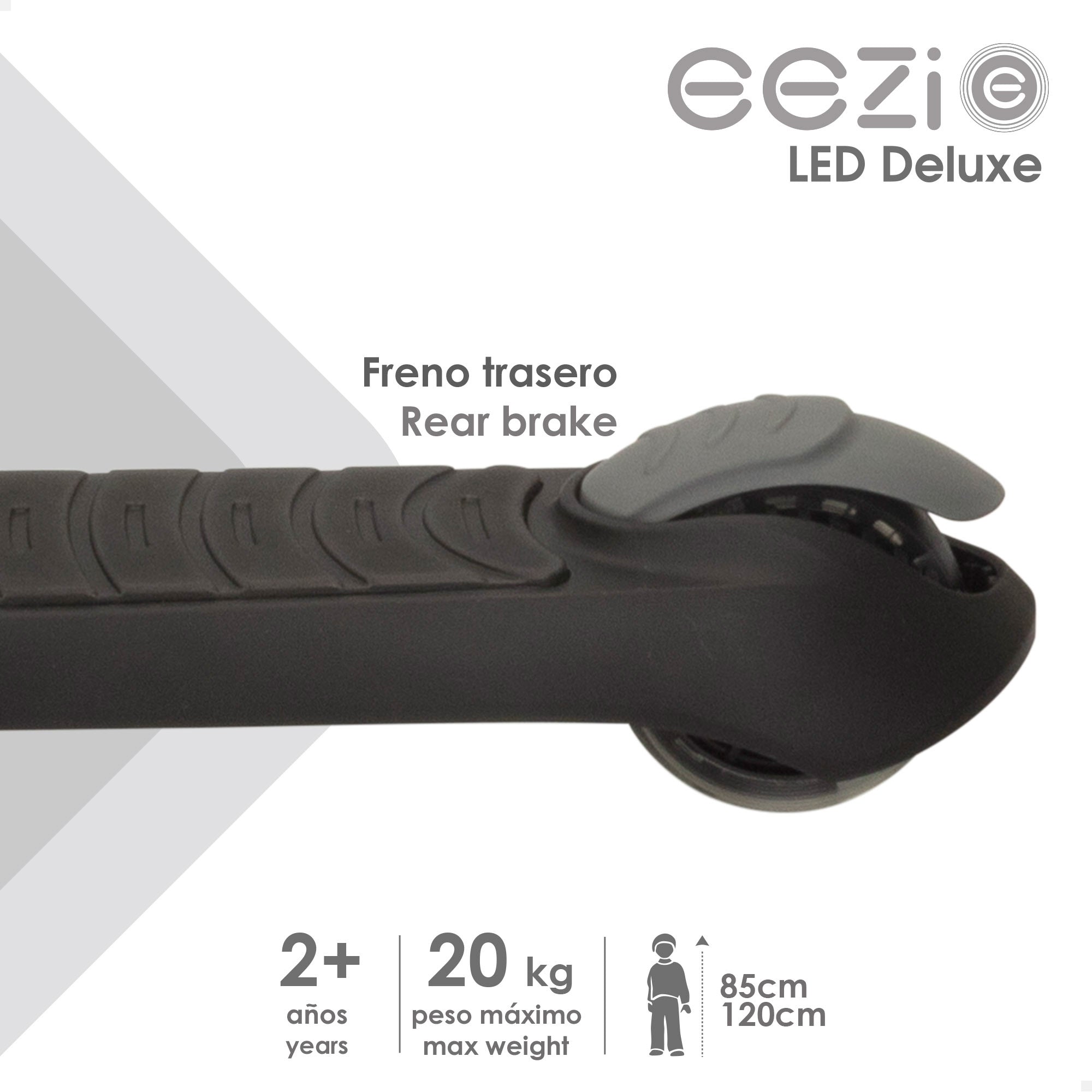 Trotinete EEZI de 3 rodas preta com luzes e guiador rebatível.