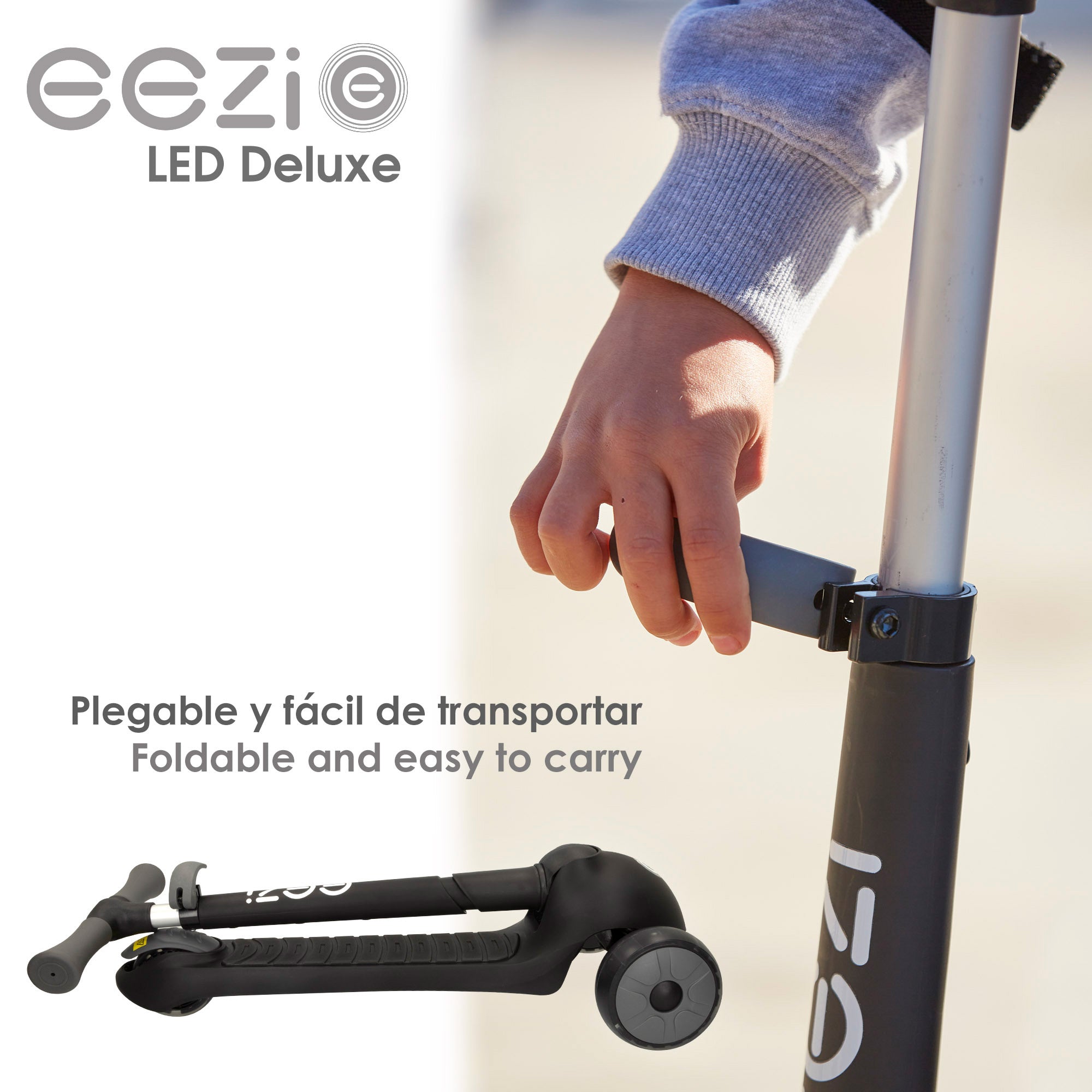 Trotinete EEZI de 3 rodas preta com luzes e guiador rebatível.