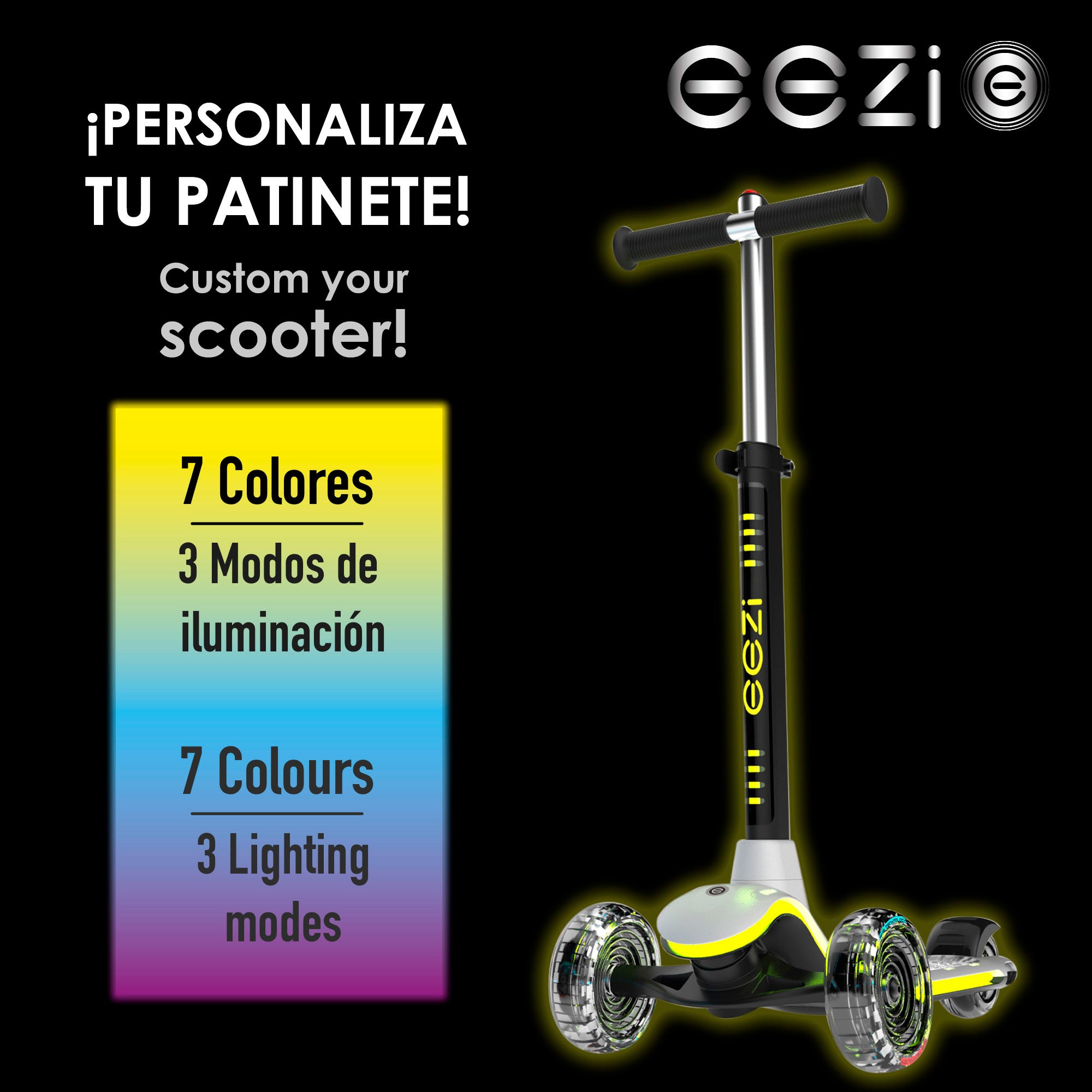 Patinete 3 ruedas blanco con luces multicolor personalizables EEZI