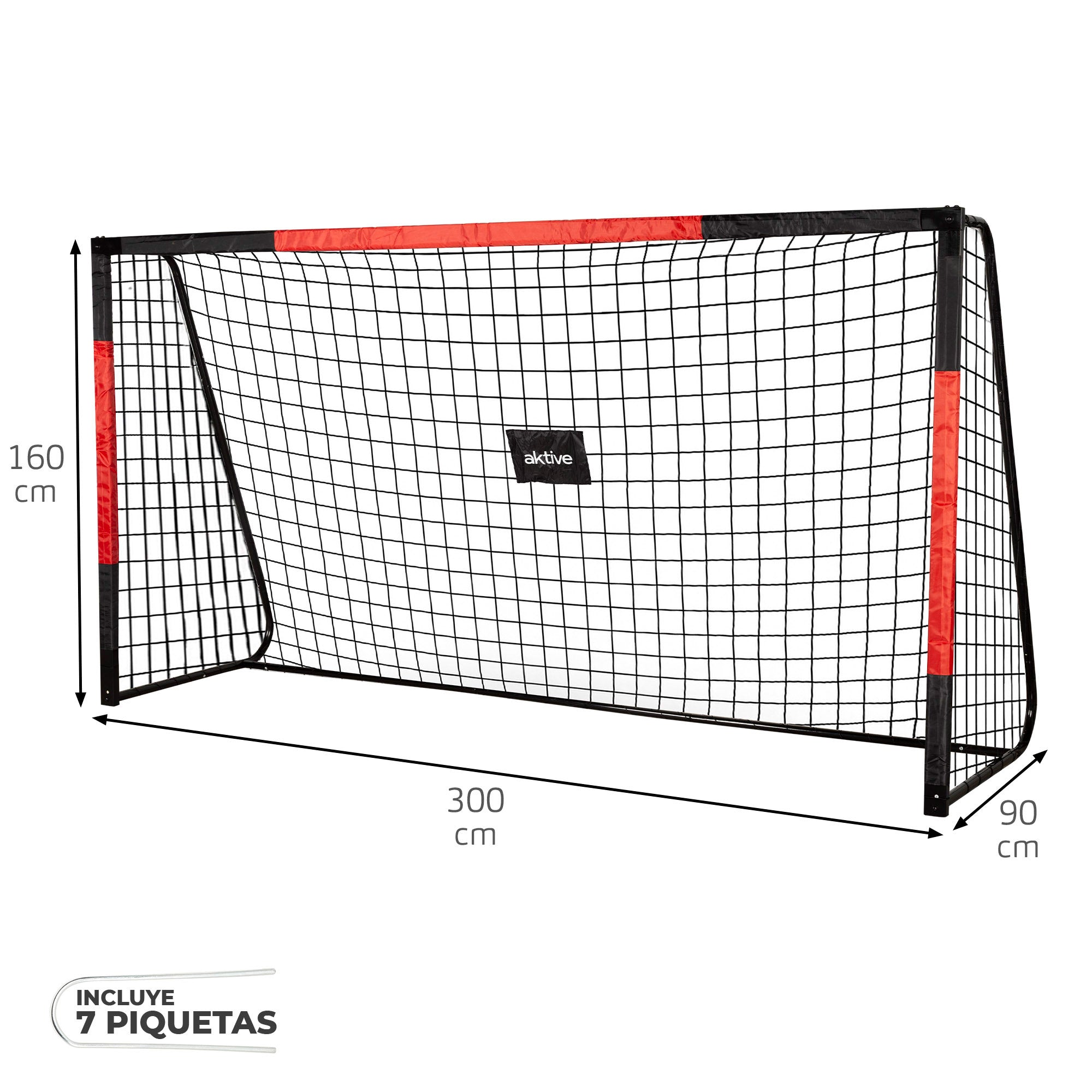 Aktive portería de fútbol 3 m de acero con red resistente y 7 piquetas