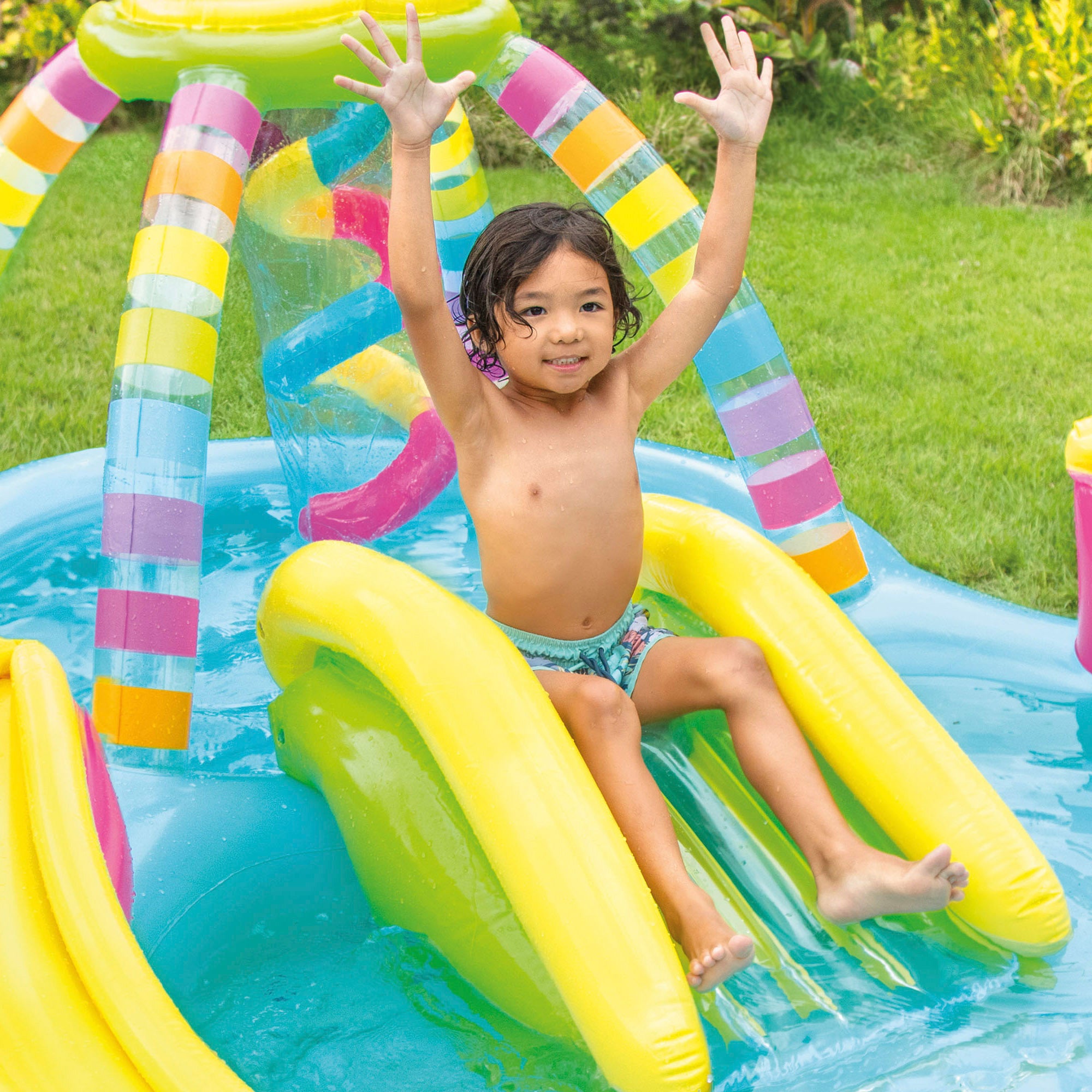 INTEX Piscina hinchable doble multicolor con tobogán, aspersor y juegos de bolas