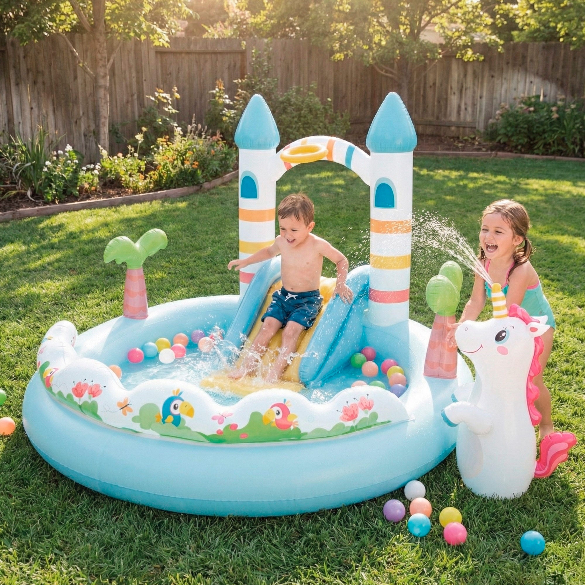 INTEX Centro de juegos hinchable con tobogán castillo unicornio
