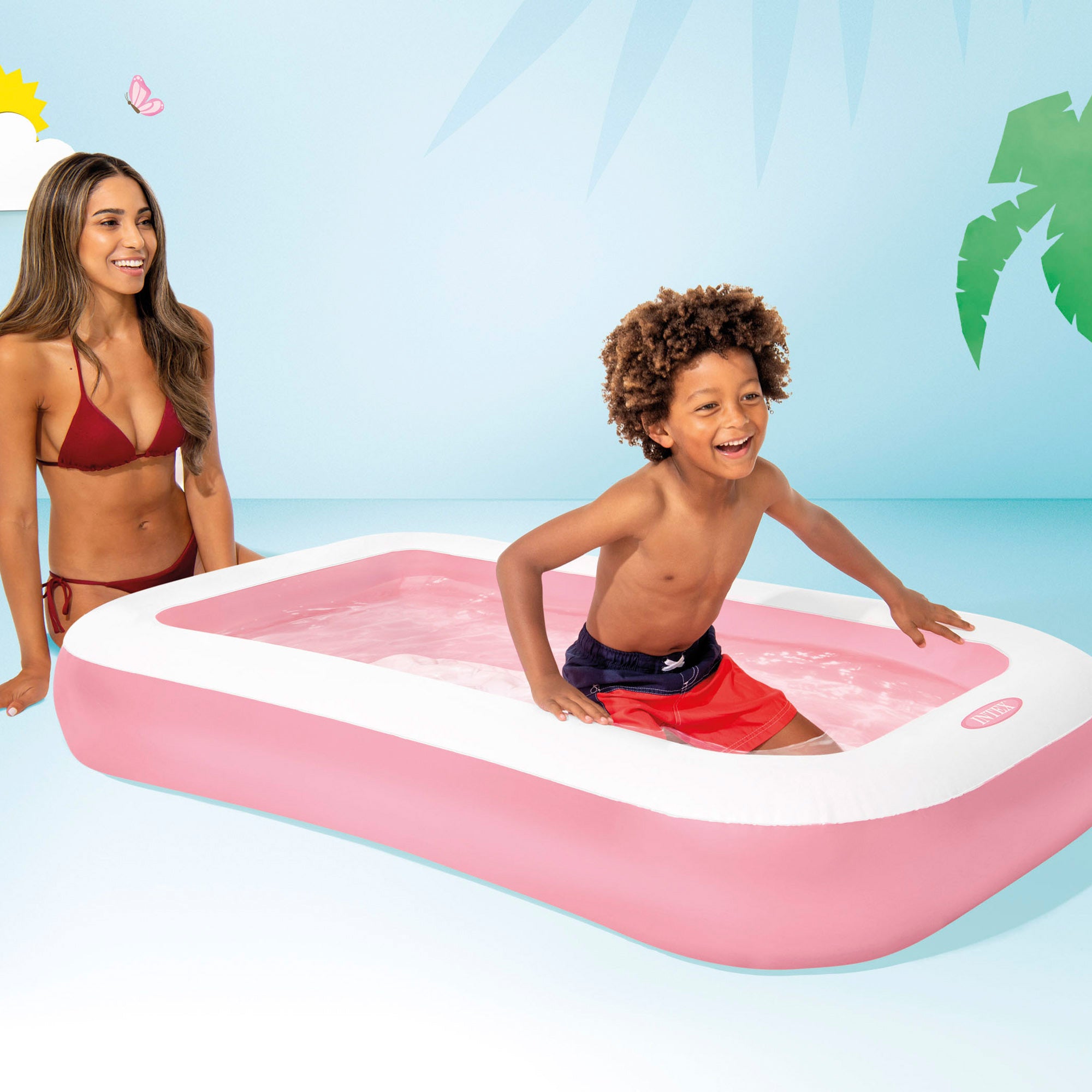 INTEX Piscina hinchable infantil rosa con suelo acolchado 166x100x25 cm