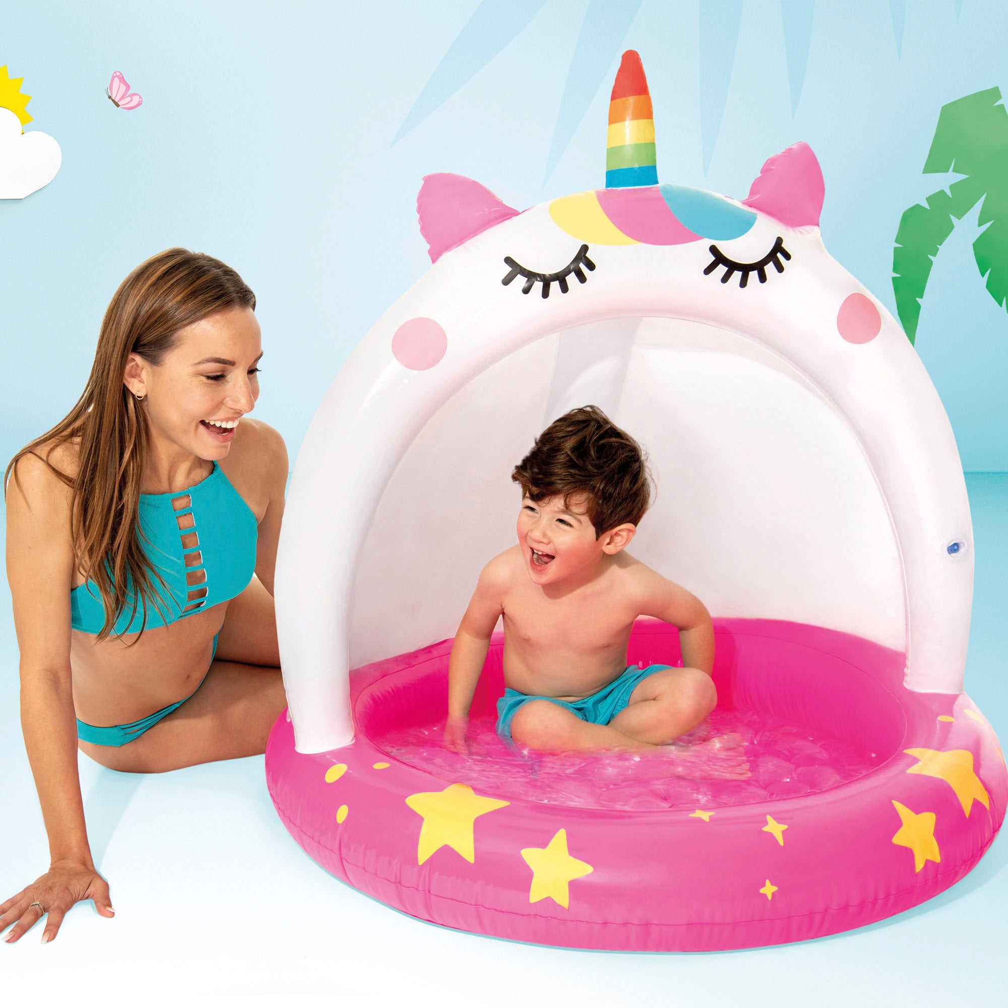 INTEX Piscina hinchable gato unicornio con parasol y suelo acolchado