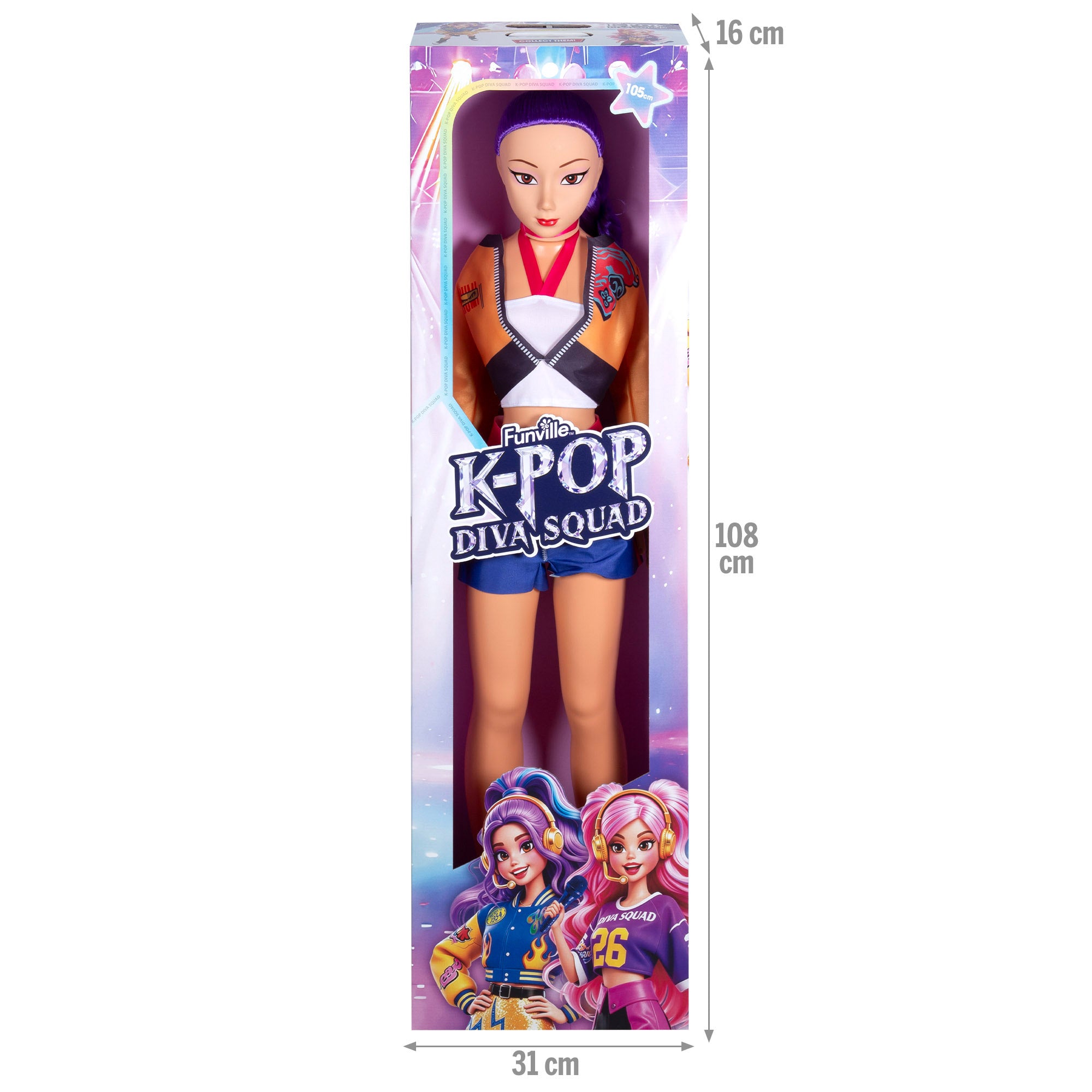 Muñeca grande 105 cm pelo lila + 3 años K-Pop Diva Squad