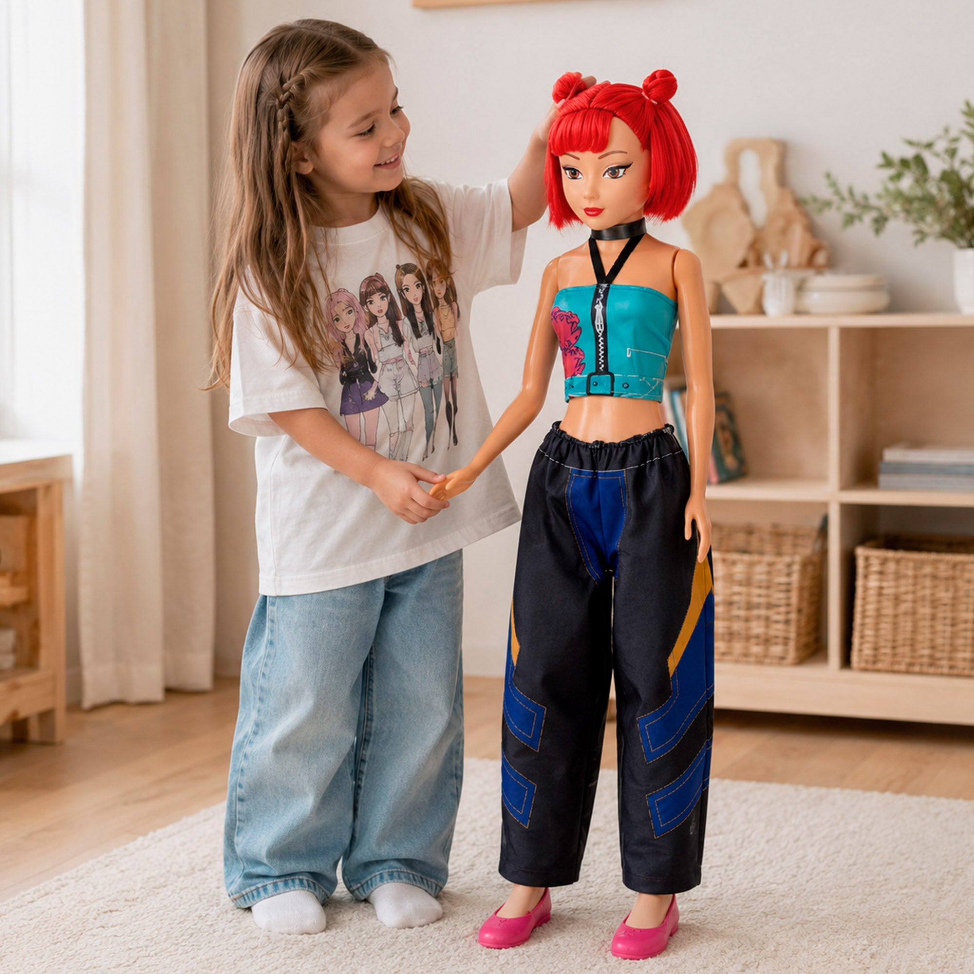 Muñeca grande 105 cm pelo rojo + 3 años K-Pop Diva Squad
