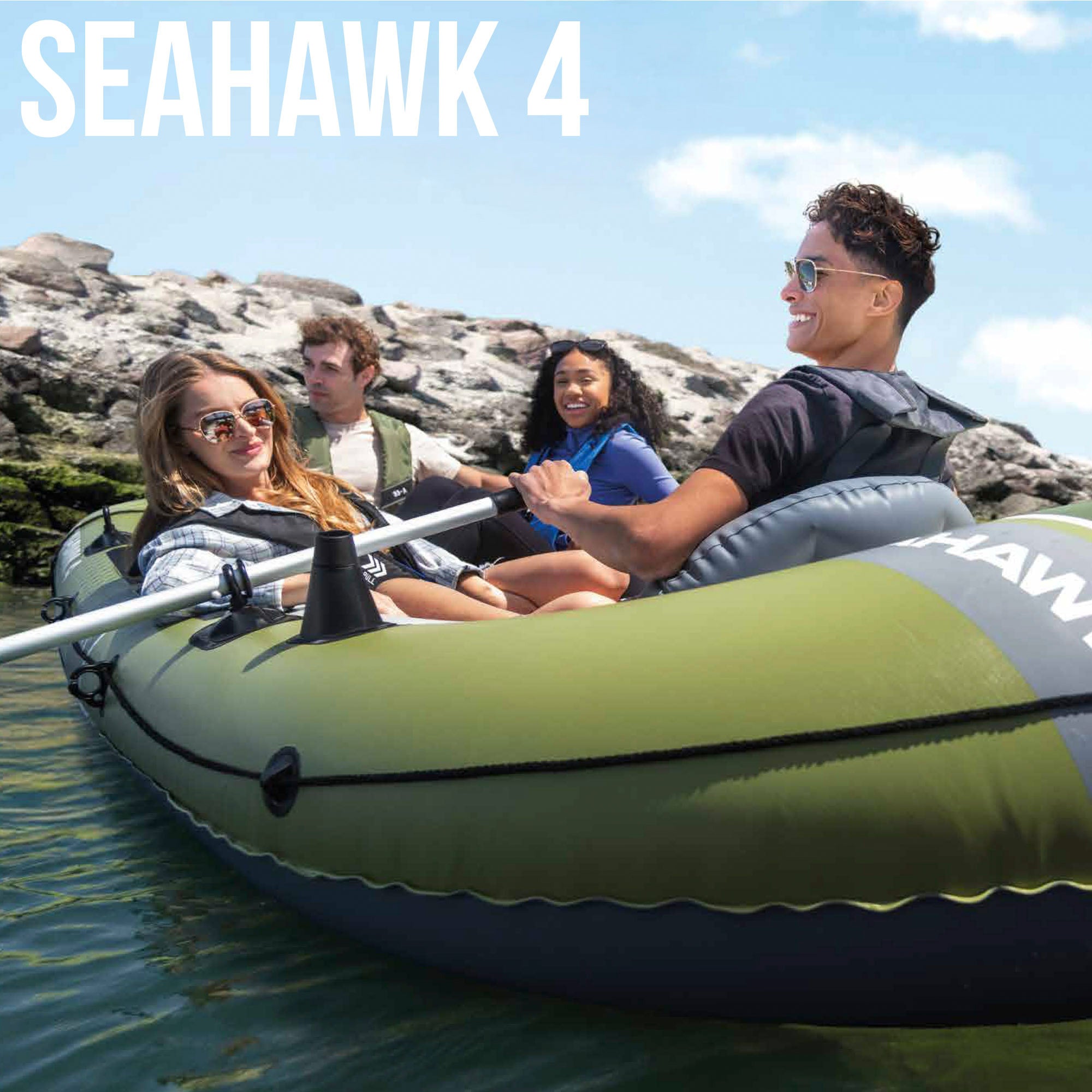INTEX Barca hinchable Seahawk 4 con remos, bomba de inflado y asientos hinchables