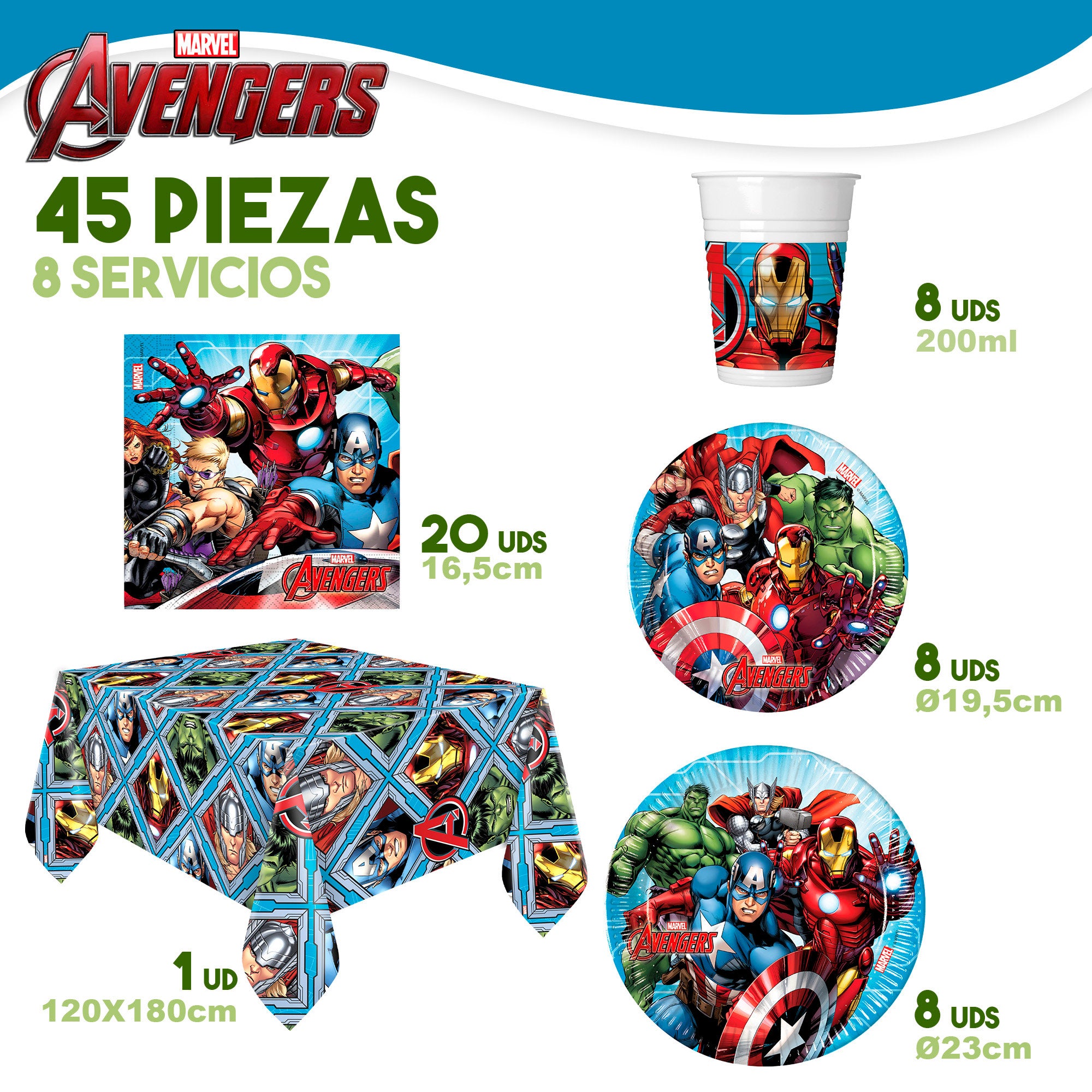 Avengers Set Vajilla infantil y decoración desechable 66 piezas