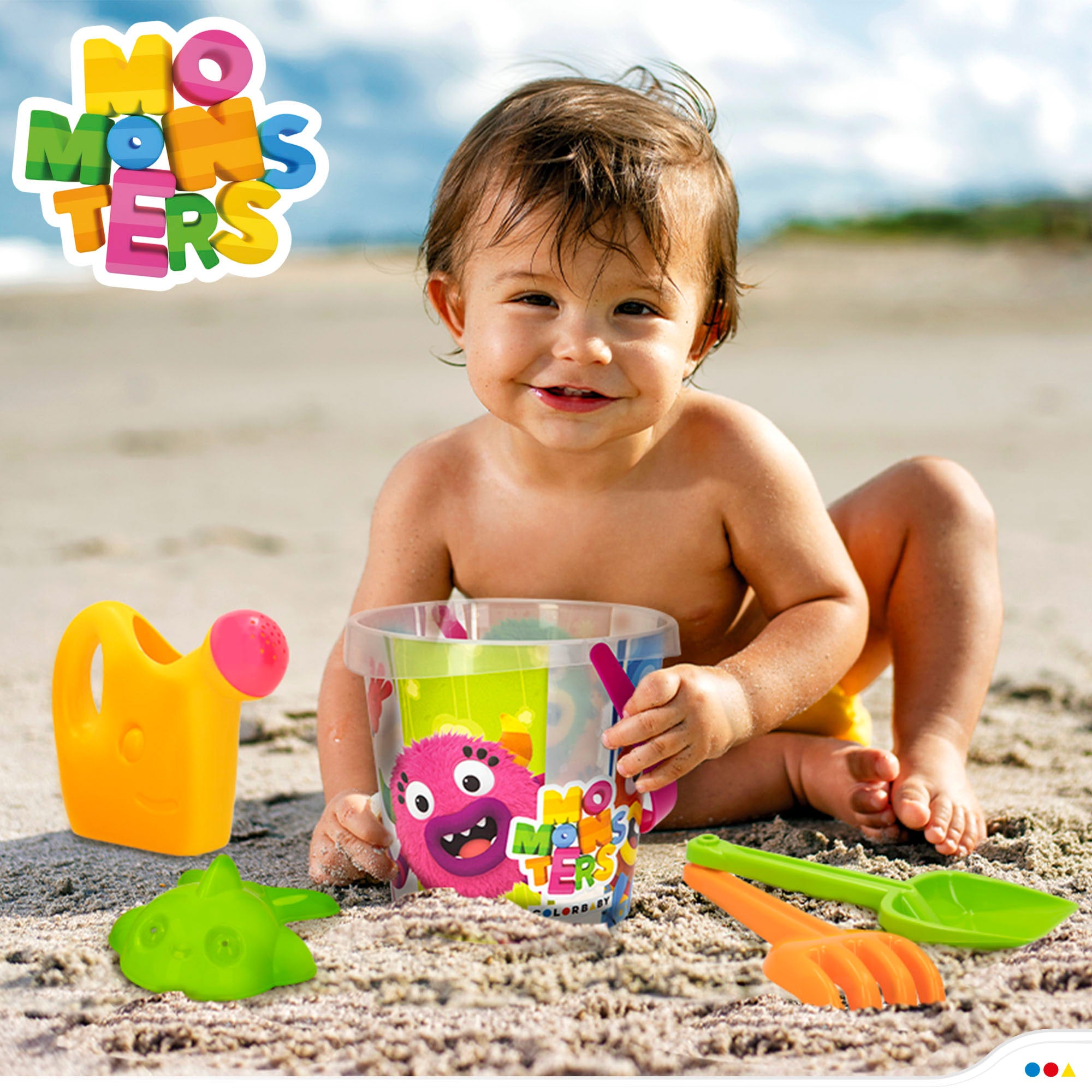 Momonsters Set cubo de playa con accesorios y mochila transporte