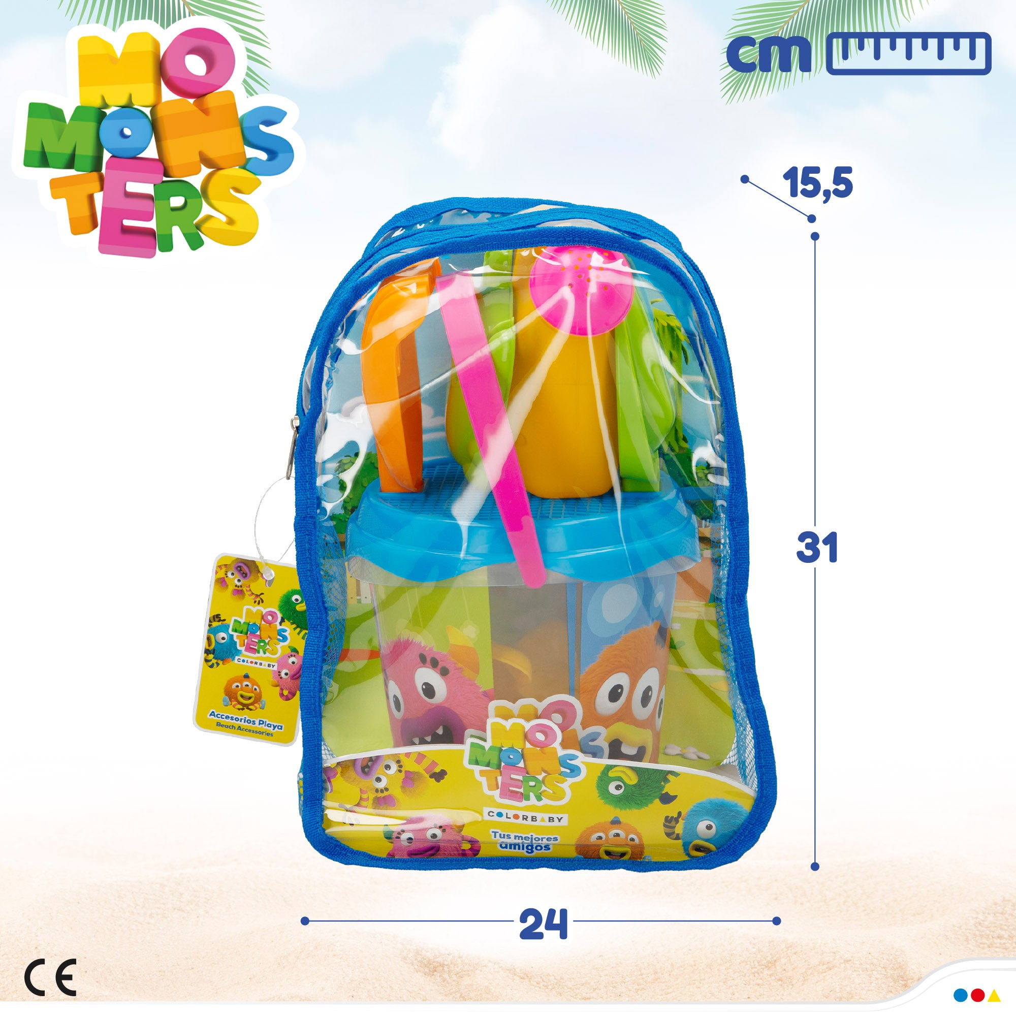 Momonsters Set cubo de playa con accesorios y mochila transporte