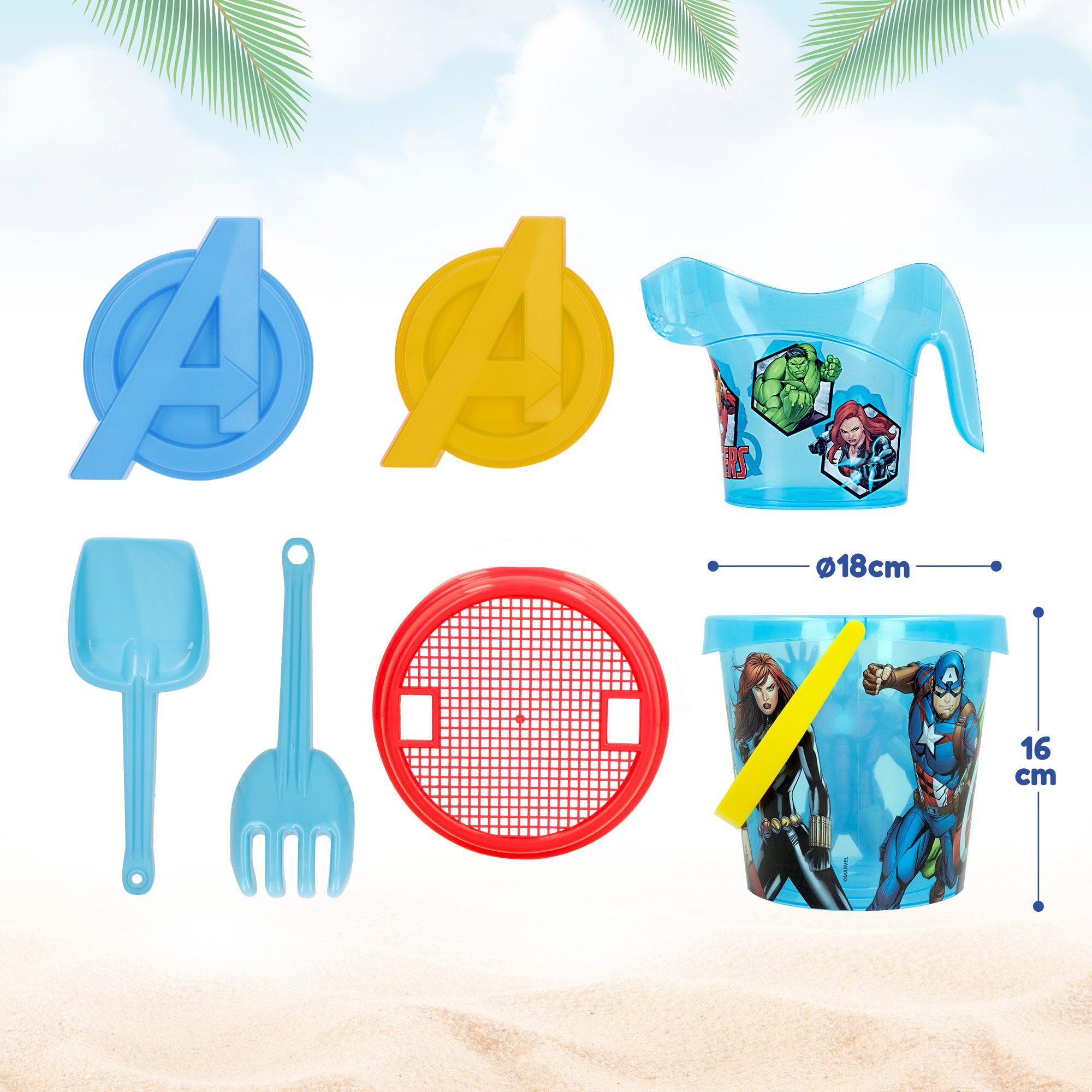 Avengers Set cubo playa Ø18 cm con accesorios y mochila transporte