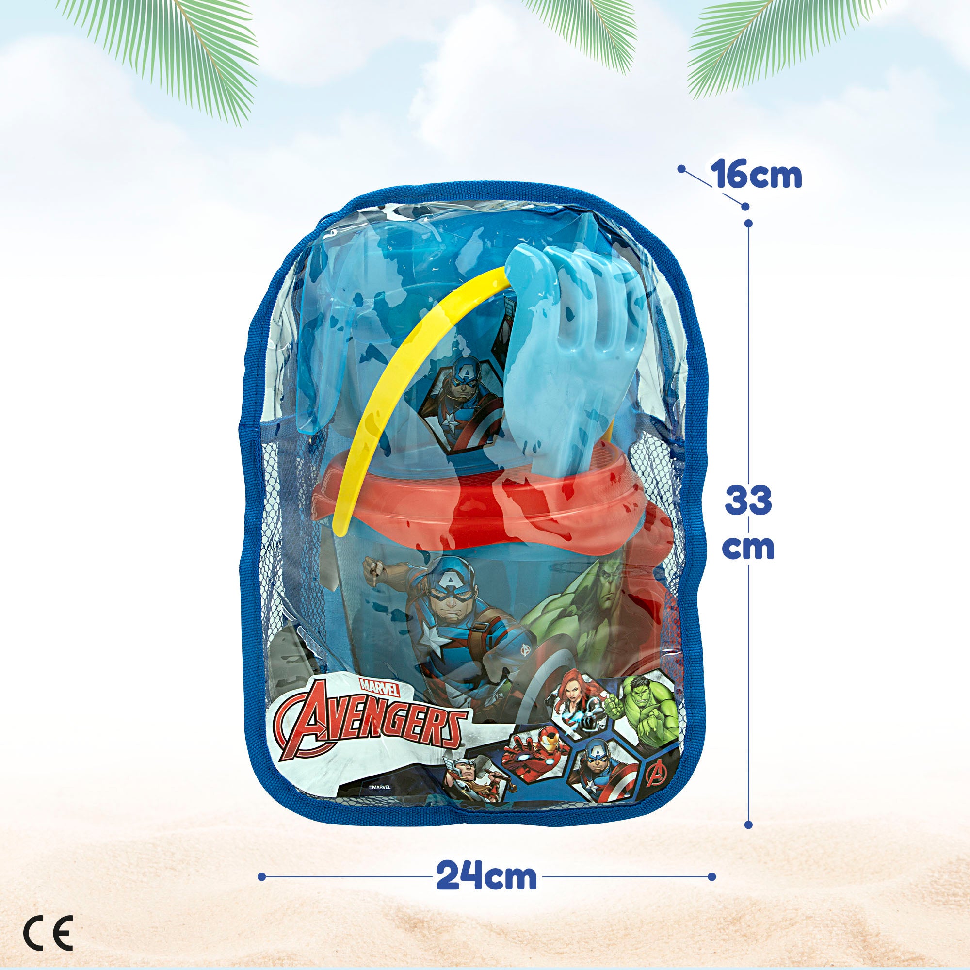 Avengers Set cubo playa Ø18 cm con accesorios y mochila transporte