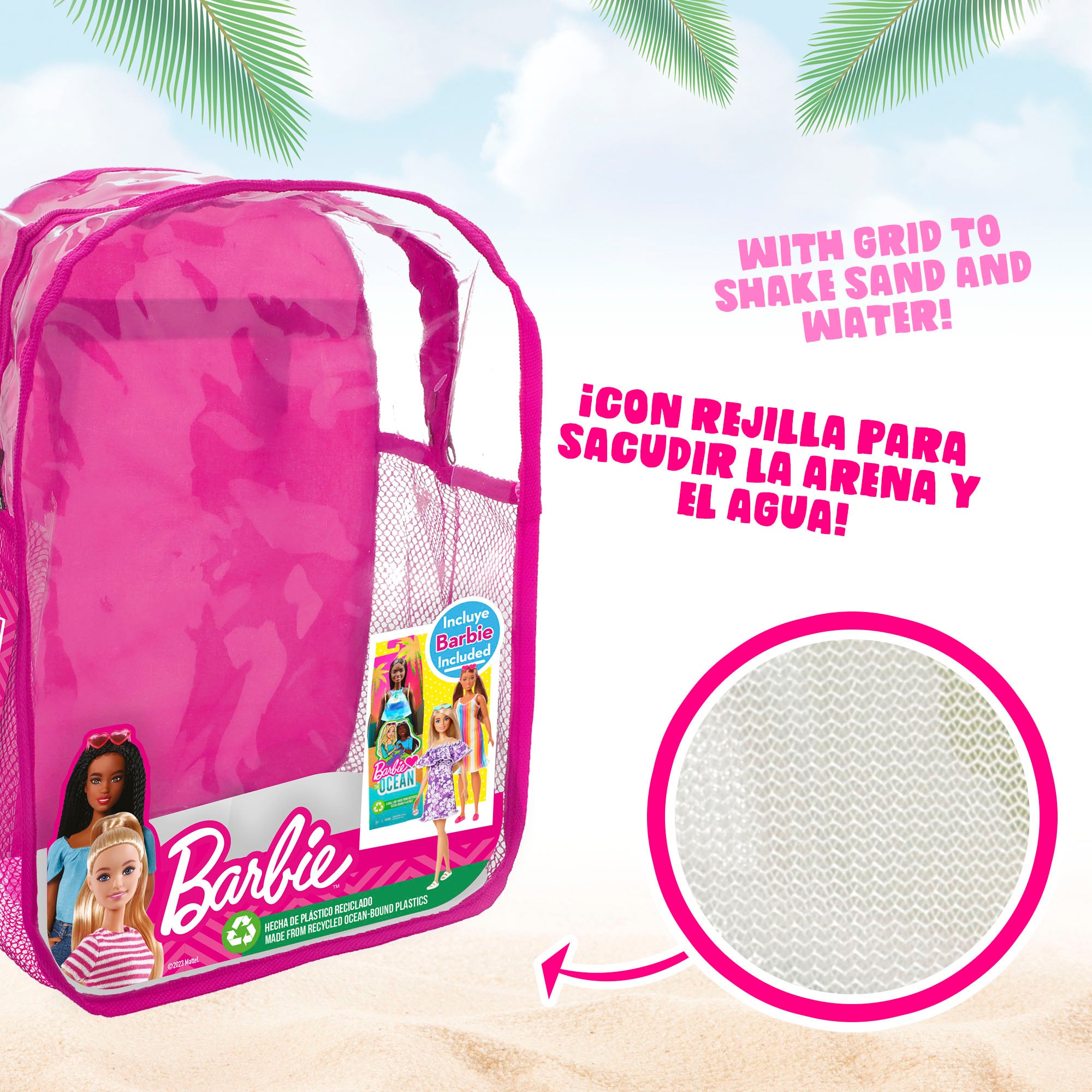 Barbie Set cubo de playa c/accesorios, muñeca Barbie y mochila transporte