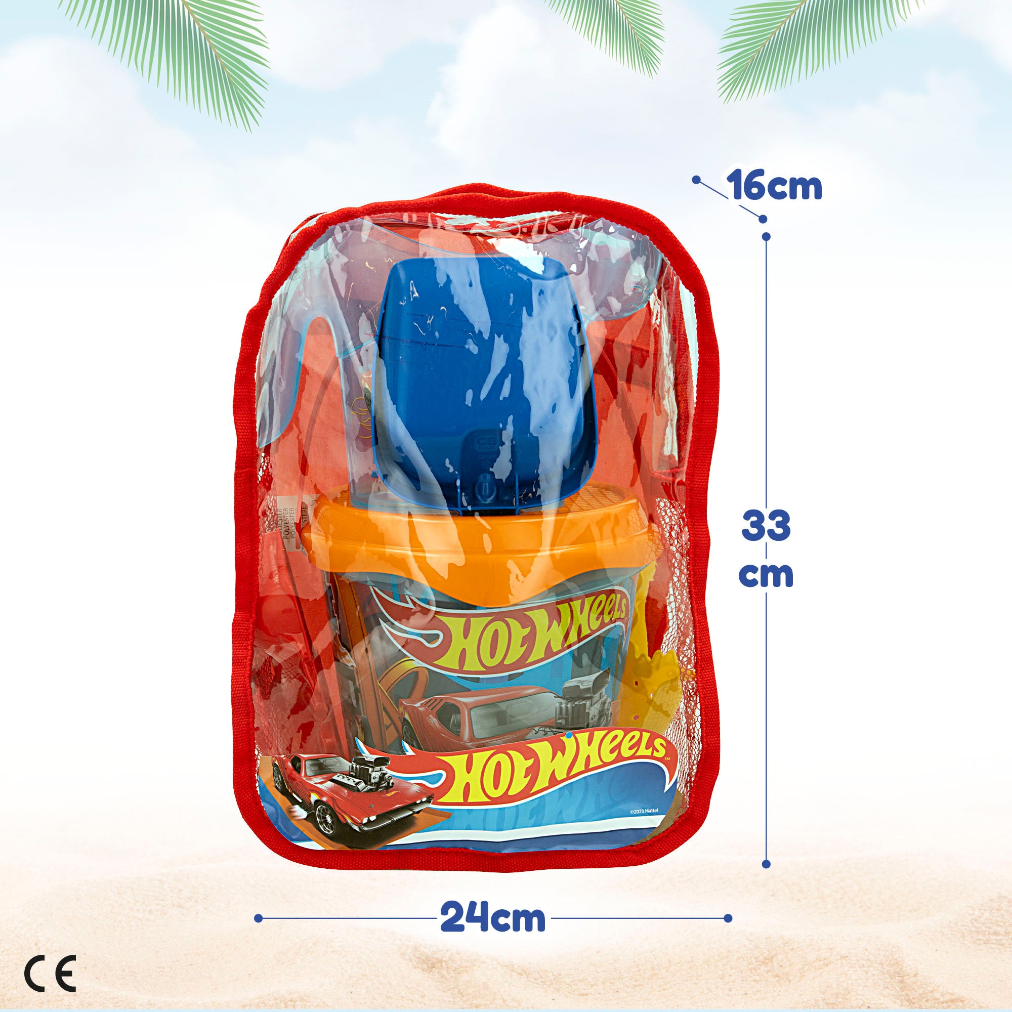 Hot Wheels Set cubo de playa con accesorios y mochila transporte