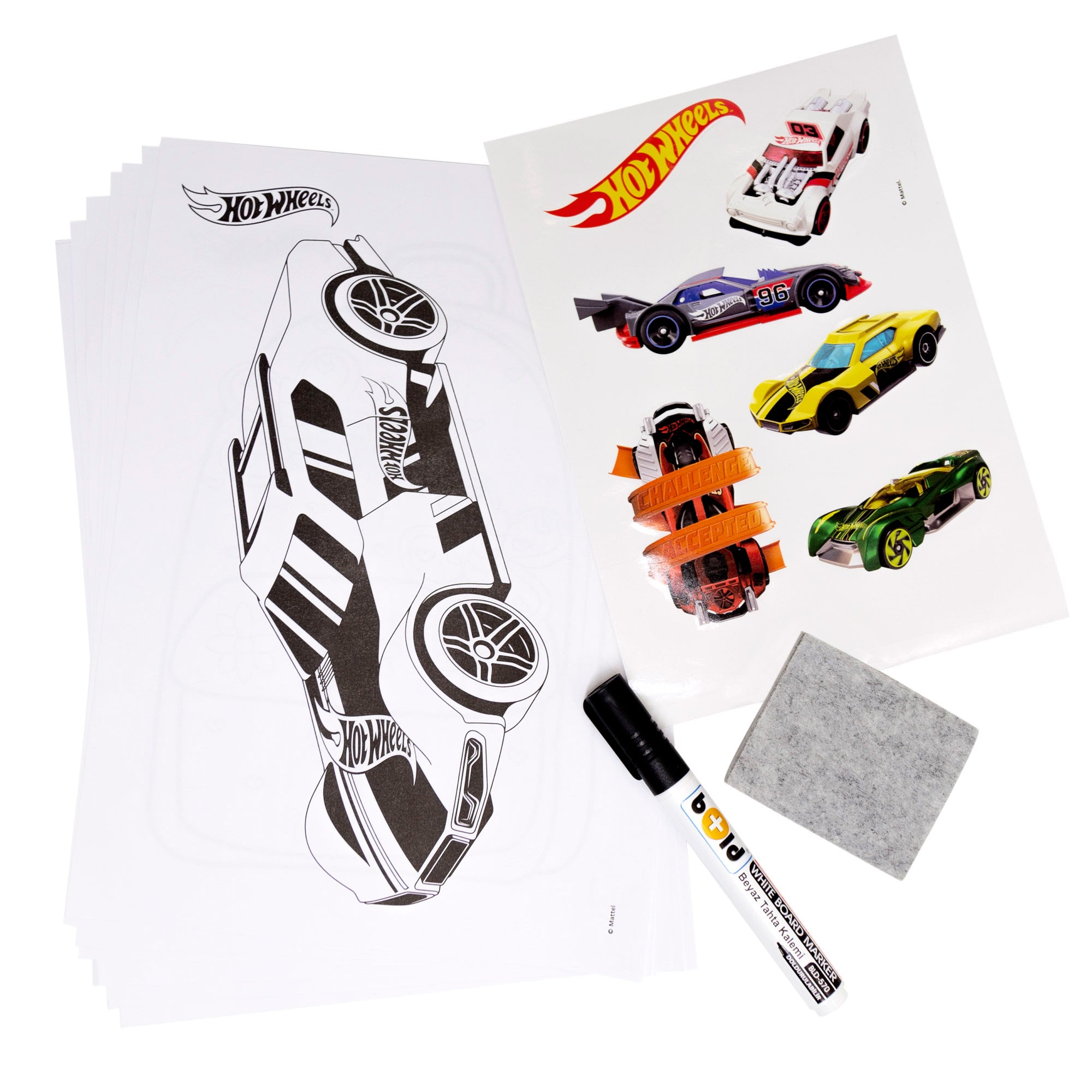 Hot Wheels Pizarra infantil caballete con rotulador, stickers y hojas para colorear