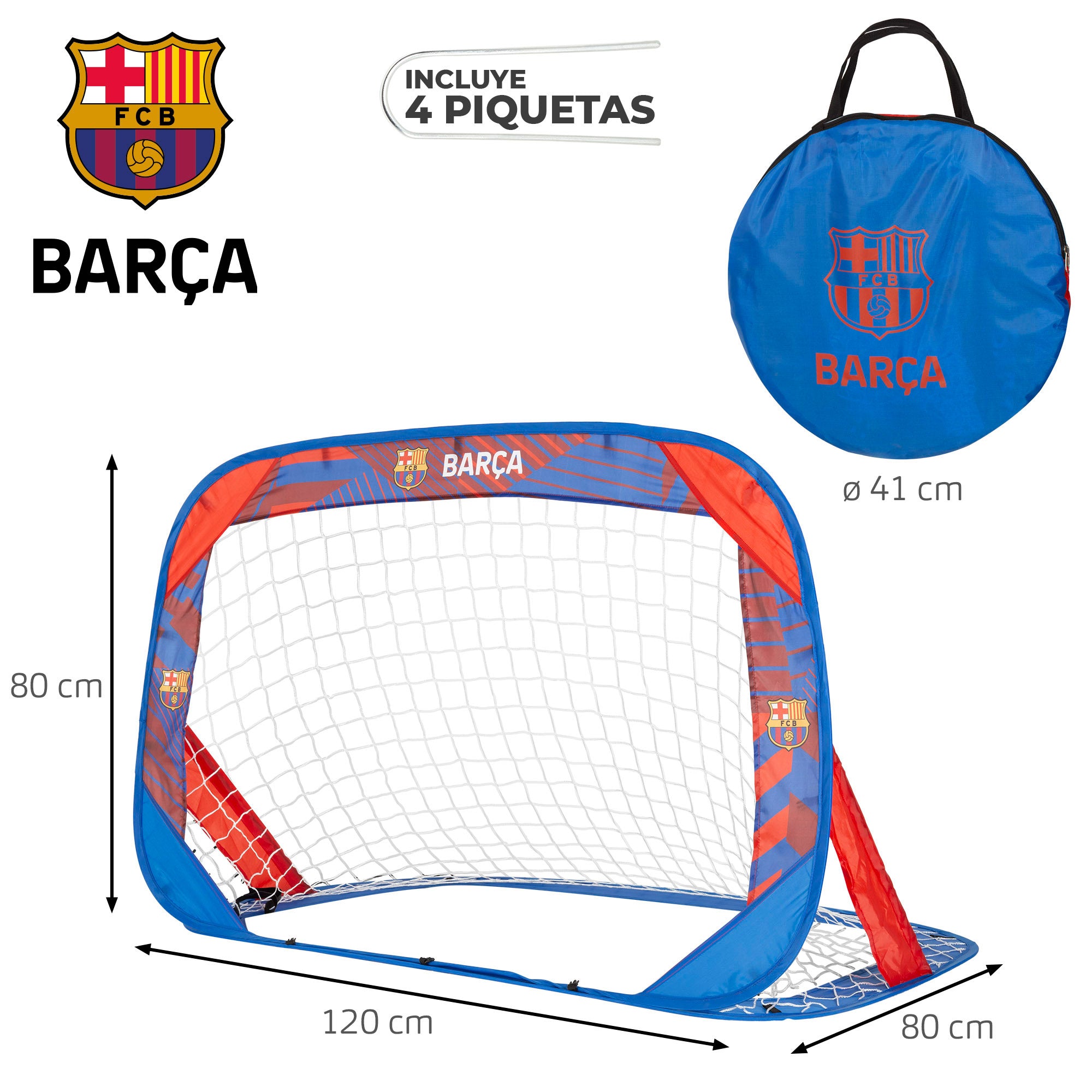 Barça Portería 4 en 1 pop-up con diana 120x80x80 cm