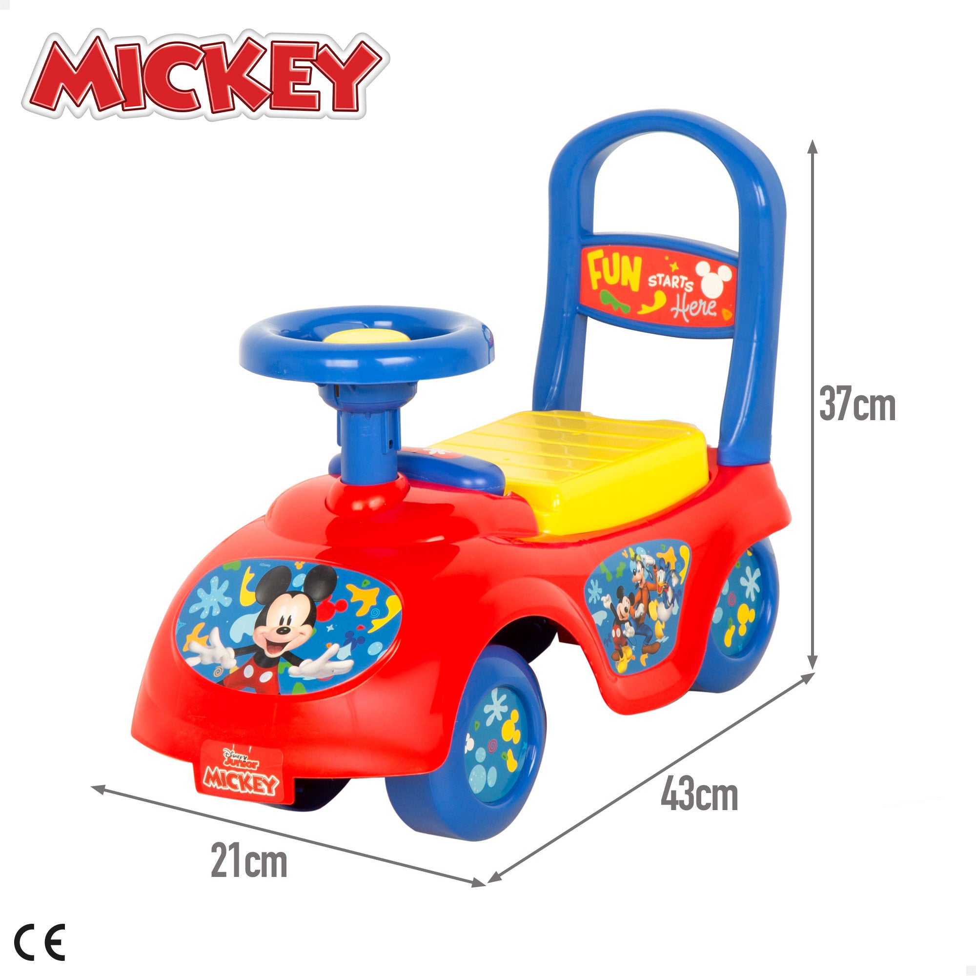 Brinquedo de montar do Mickey Mouse com telefone, buzina e compartimento para guardar coisas.