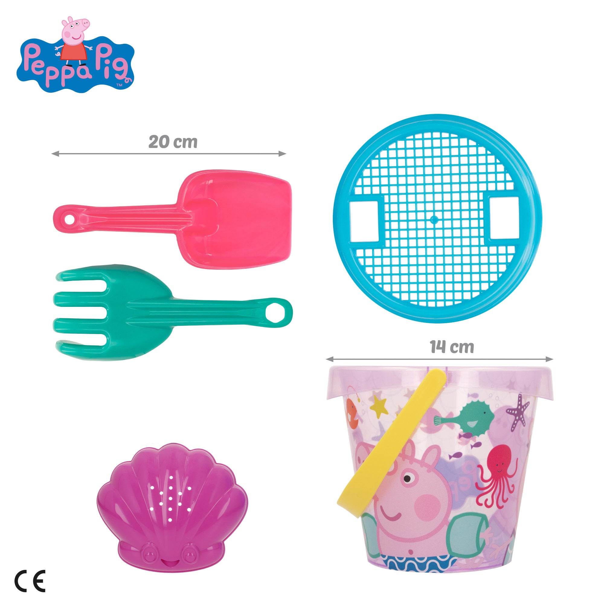 Peppa Pig Set cubo de playa con poncho, accesorios y mochila