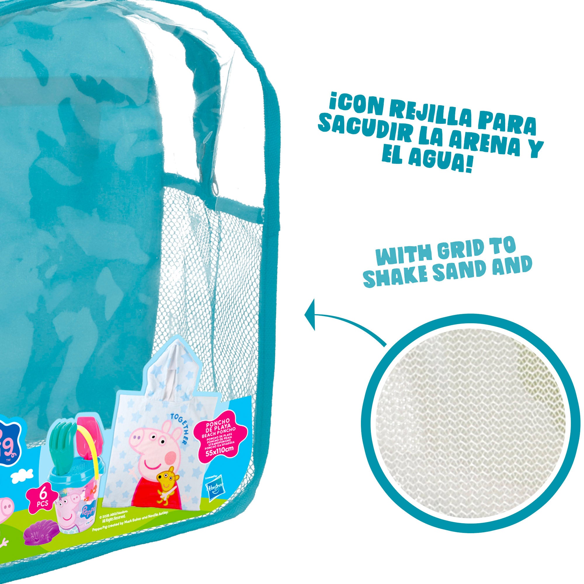 Peppa Pig Set cubo de playa con poncho, accesorios y mochila