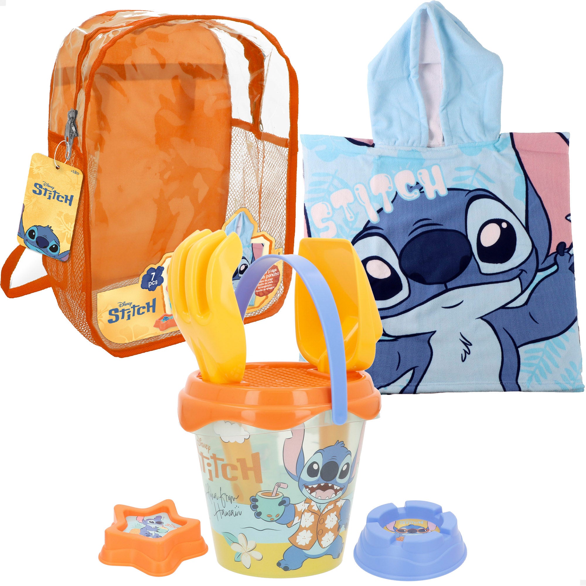 Stitch Set cubo de playa con poncho, accesorios y mochila