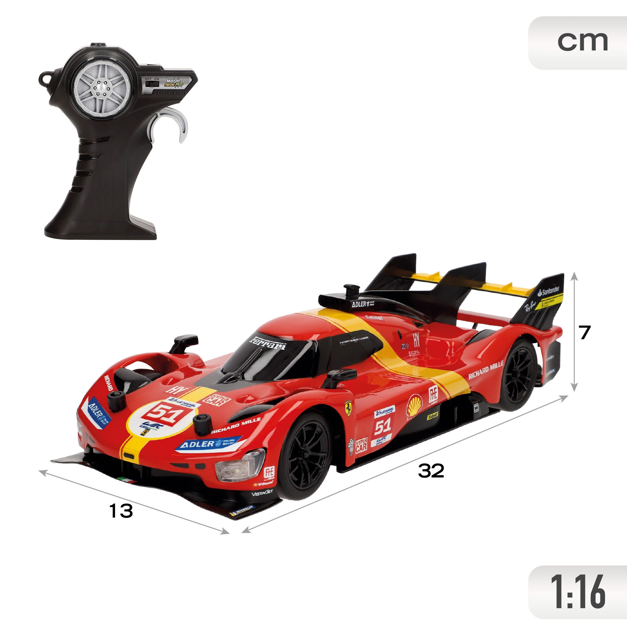 Carro telecomandado Maisto Ferrari 499P LMH (Campeão das 24 Horas de Le Mans de 2023) com luzes, escala 1:16.