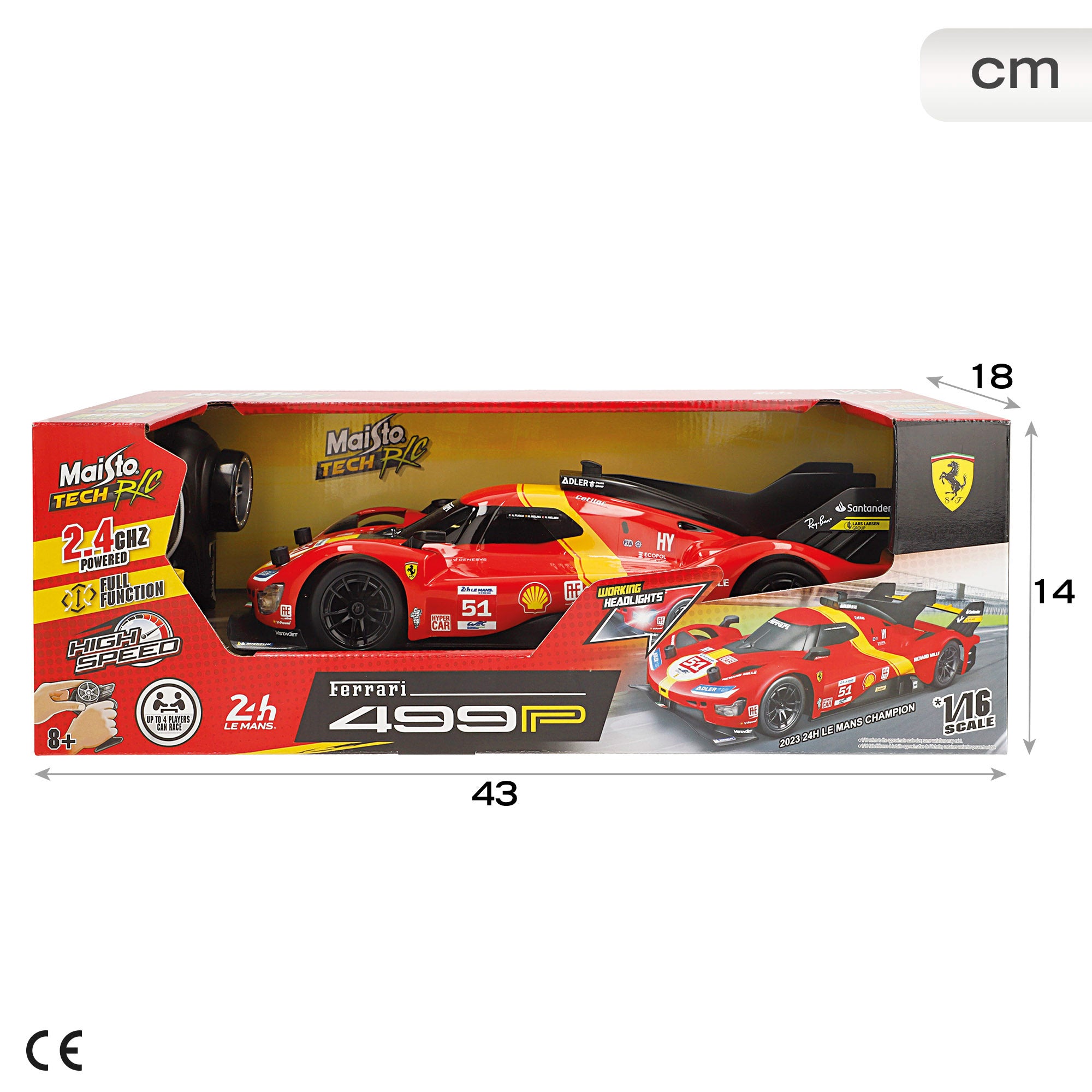 Carro telecomandado Maisto Ferrari 499P LMH (Campeão das 24 Horas de Le Mans de 2023) com luzes, escala 1:16.