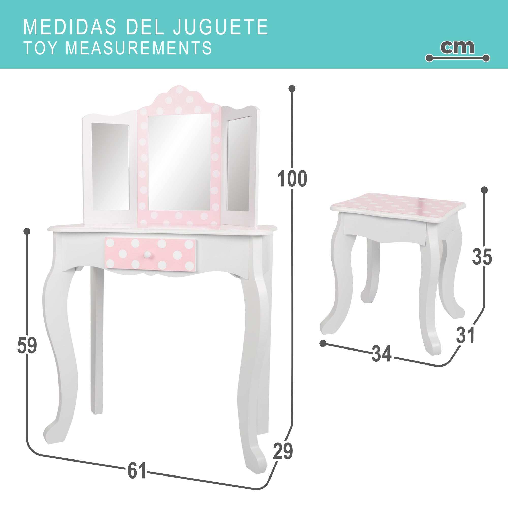 Teamson Tocador de madera lunares con taburete