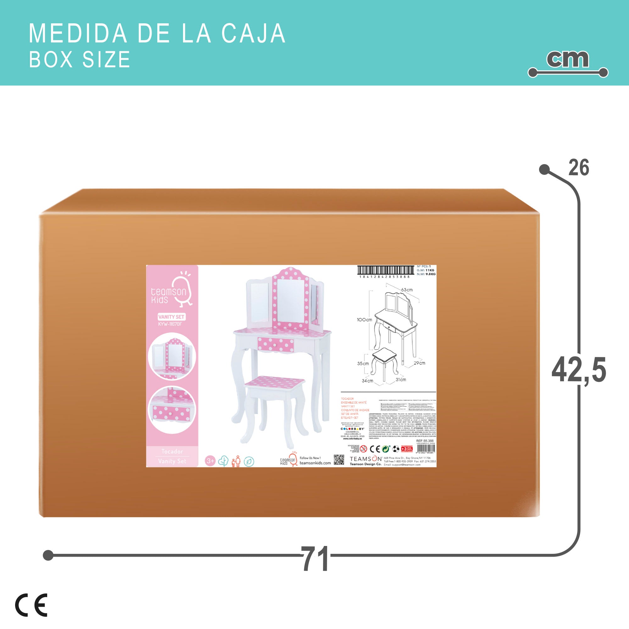 Teamson Tocador de madera lunares con taburete