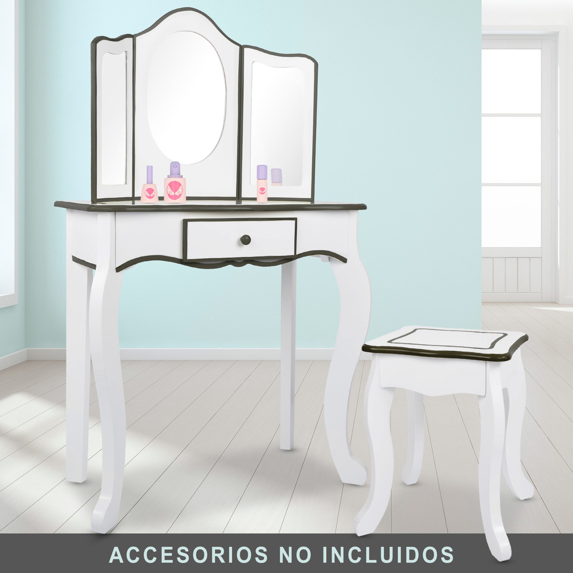 Teamson Tocador de madera blanco y gris con taburete