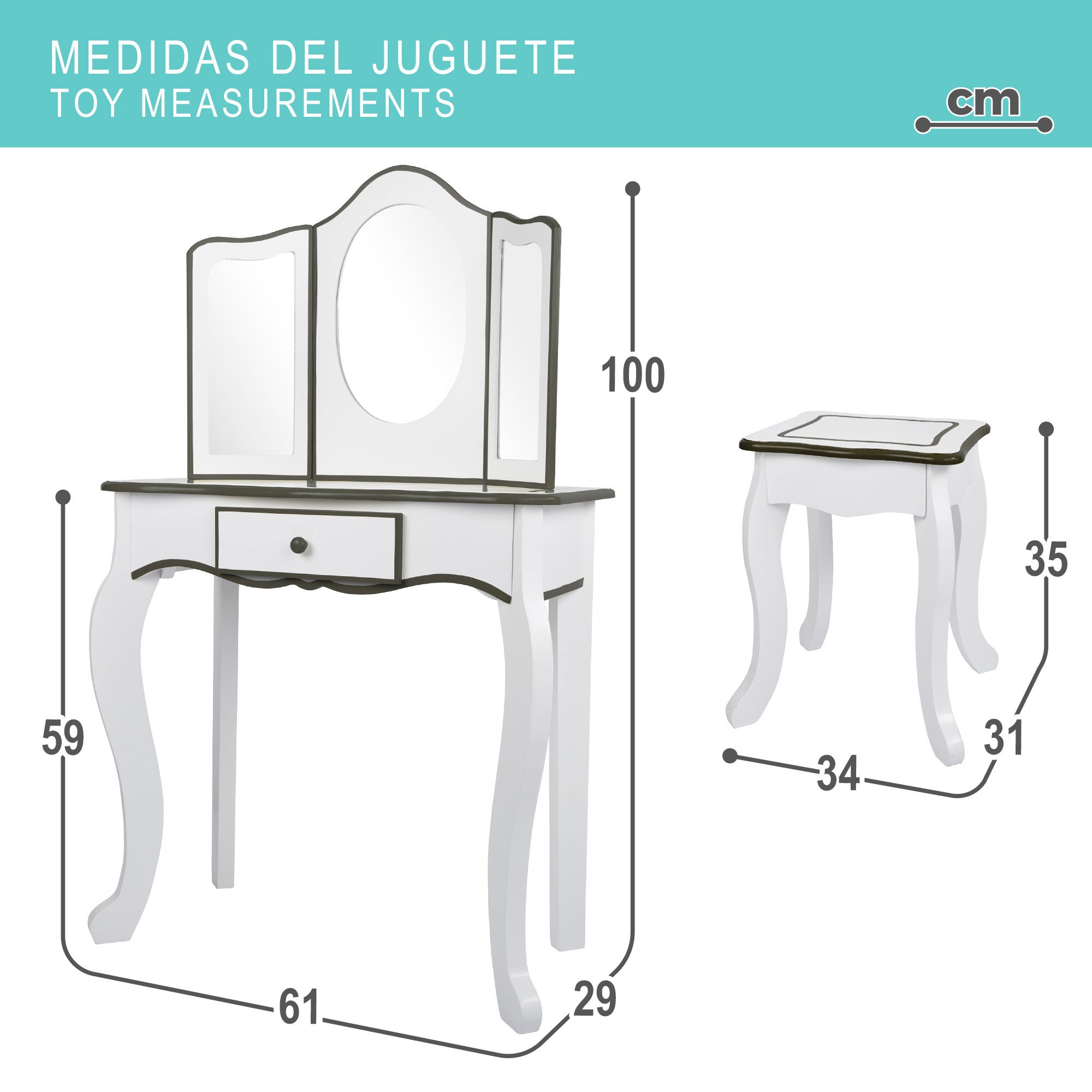 Teamson Tocador de madera blanco y gris con taburete
