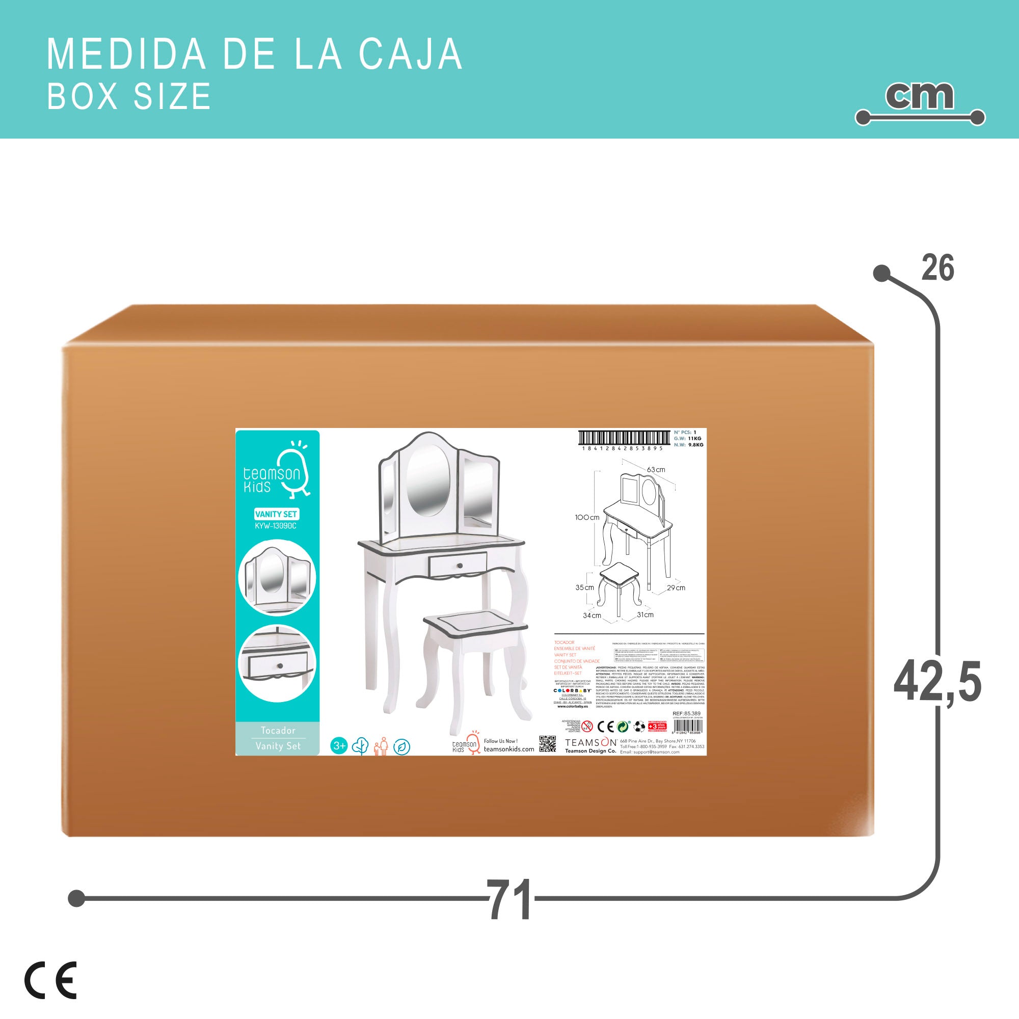 Teamson Tocador de madera blanco y gris con taburete